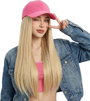Womens Wig, Long, Straight, Curly Blonde Hair, Pink, Baseball Cap, Wig, Natural Hair Included, Wig, Integrated Collar, Leg Wig, Hair Extension, Small Face Effect, Fashionable, Sunscreen, Gal, Spring