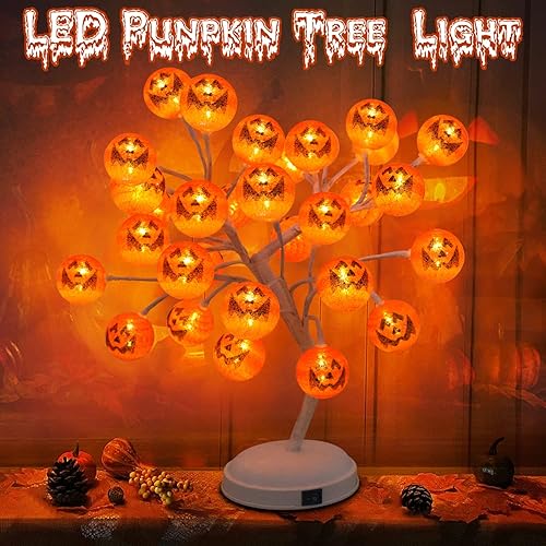 Luz LED de árbol de calabaza para decoración de Halloween y todas las estaciones, luz de árbol artificial con 24 bolas de adorno de calabaza