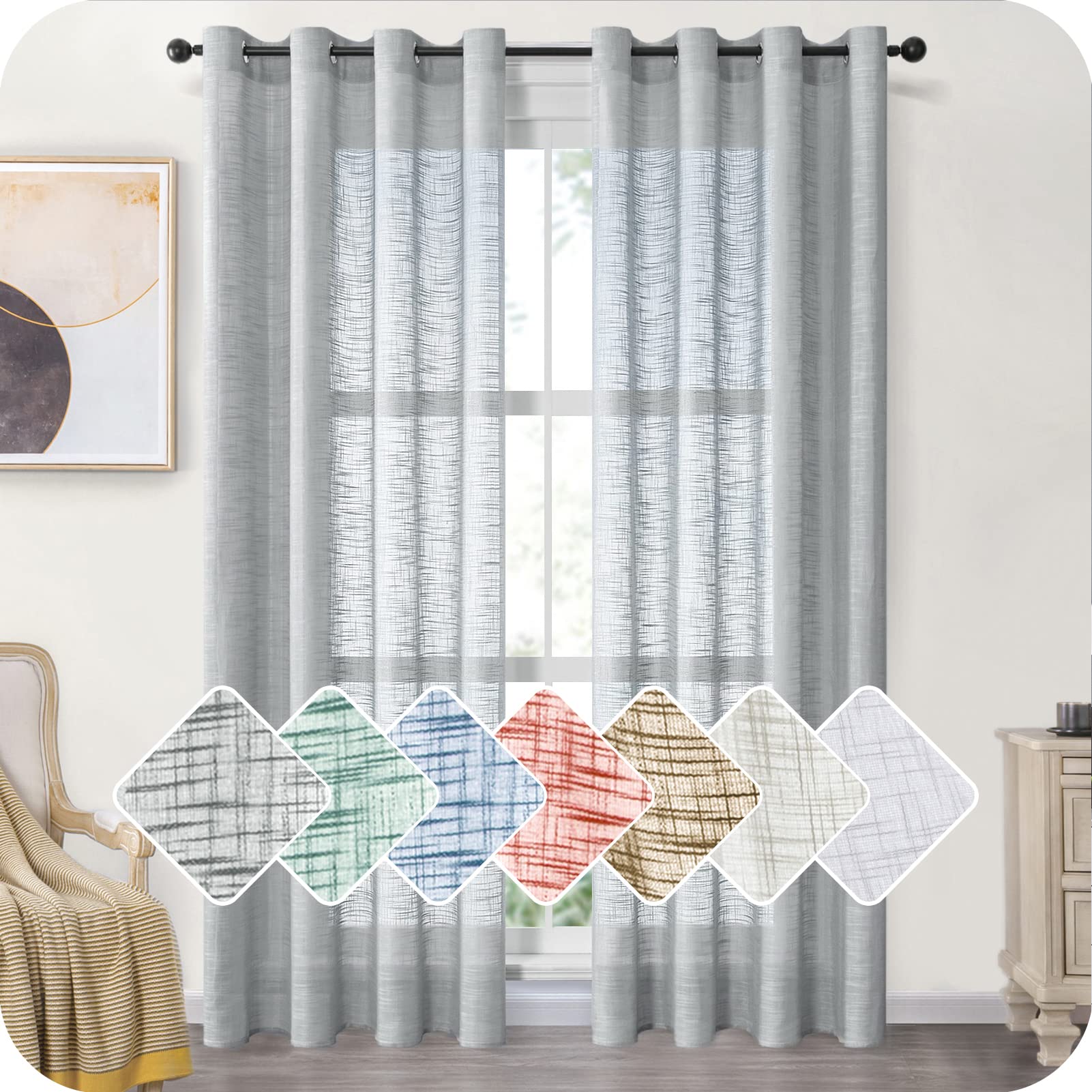 MRTREES Cortinas de Dormitorio Comedor Salon Cocina Habitacion 2 Piezas 140×245cm Visillos Gris Translúcidas Modernas de Lino Aspecto con Ojales para Ventanas Sala para Niños Sala Cuarto Baño