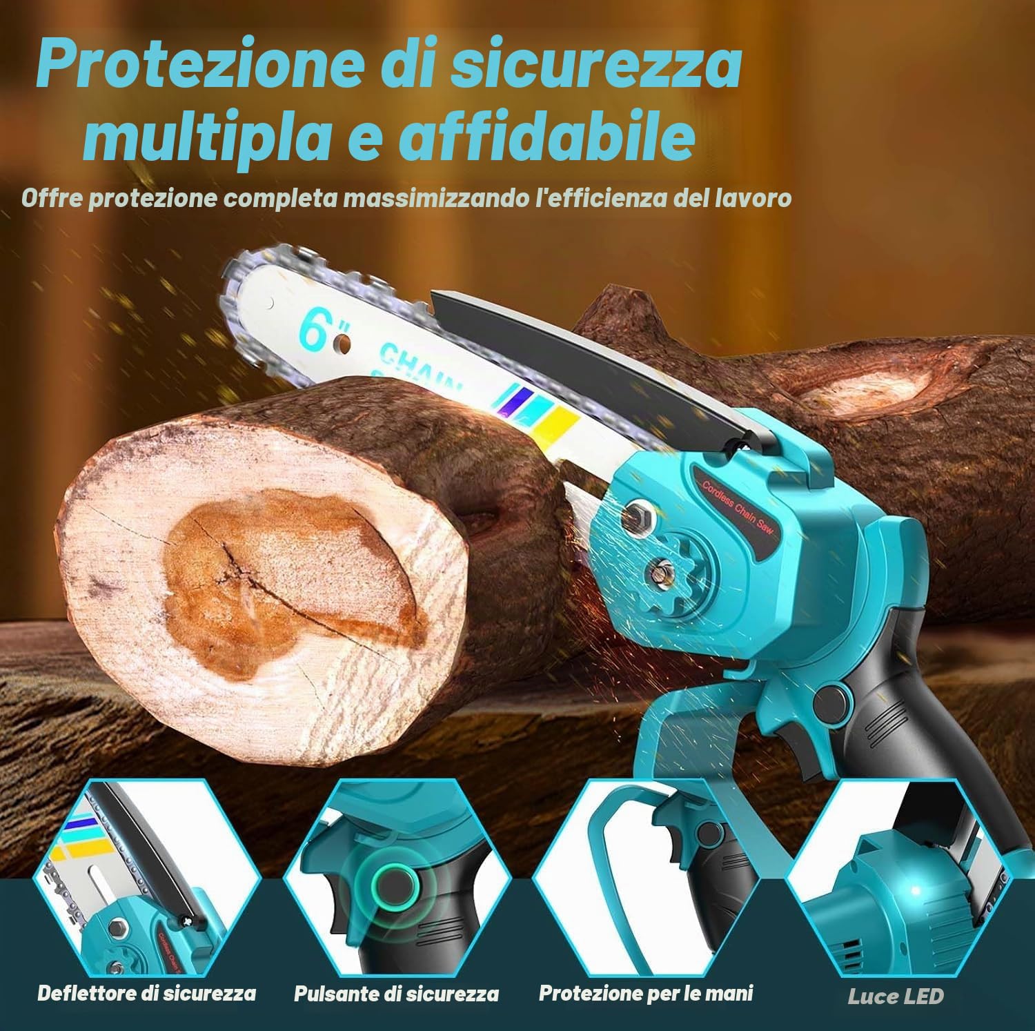 Mini Motosega a Batteria 6000mAh, 6 Pollici Motosega Elettrica con 2 Batterie, 2 Catene e Blocco di sicurezza per il Taglio Del Legno e Giardini