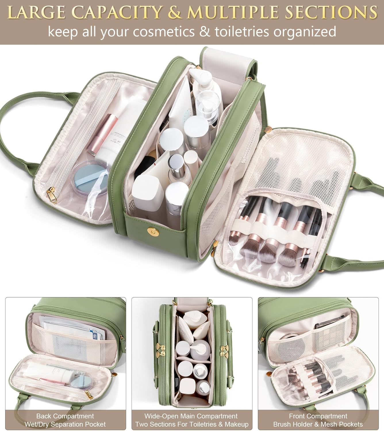 Bagstellar Travel Makeup Bag, Large Capacity Quilted Toiletry Bag for Women Stand-up Cosmetic Bag Open Flat Make Up Case Organizer Portable Pouch Purse w/Handle for Traveling Accessories, Sage Green