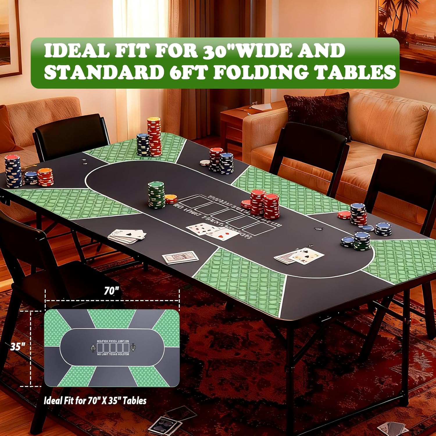 Waterproof 70 x 35 Inch Poker Mat, 8 Player Portable Texas Hold'em Poker Table Top with Carrying Bag, Anti-Slip Rubber Poker Card Tabletop Layout for Casino Games, Blackjack, Parties, Noise Reduction