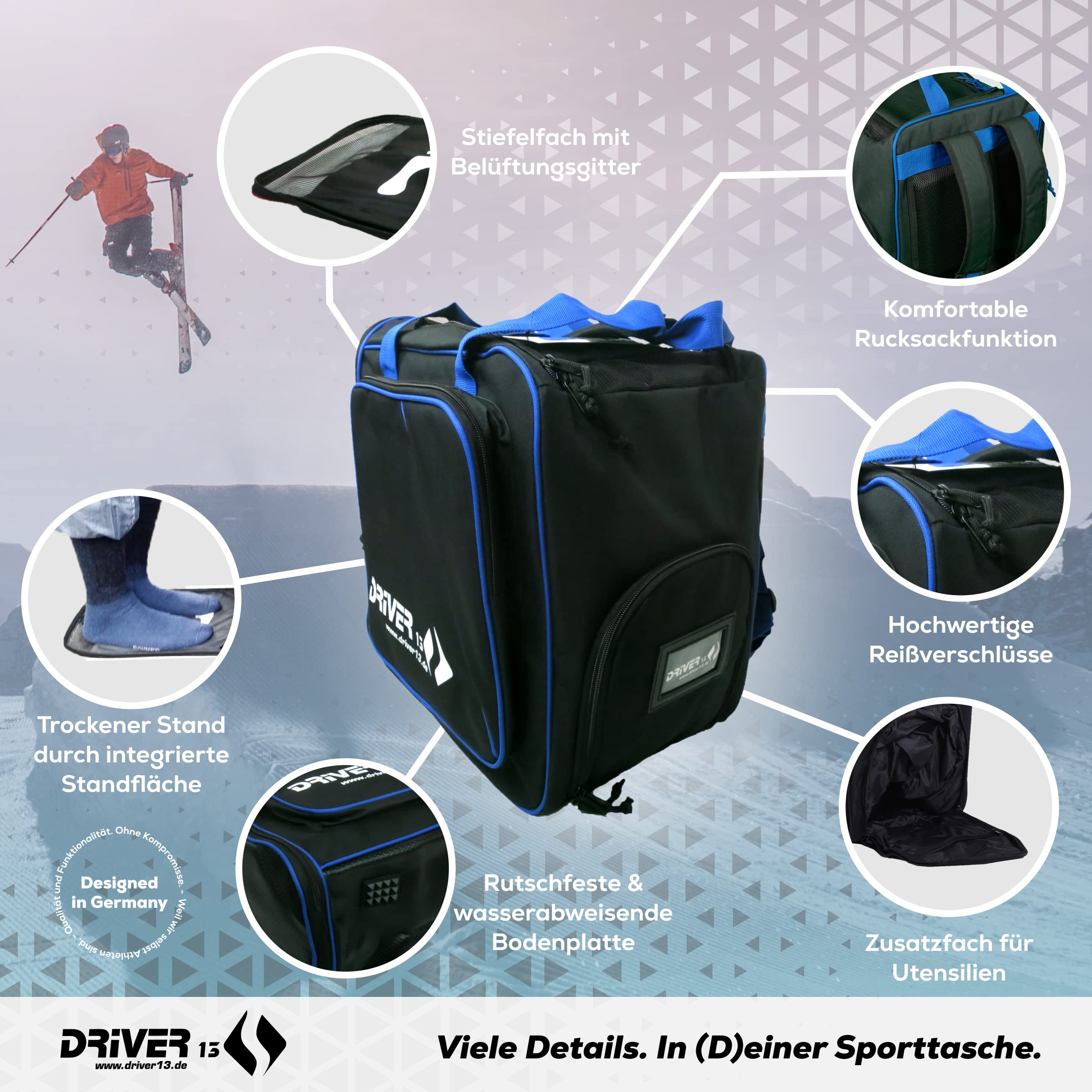 Driver13 ® Mochila para Botas de esquí con Compartimento para Casco + Mochila para Botas de esquí con Compartimento para Casco Duro + Botas de Snowboard + Bolsa para Botas Negro-Azul