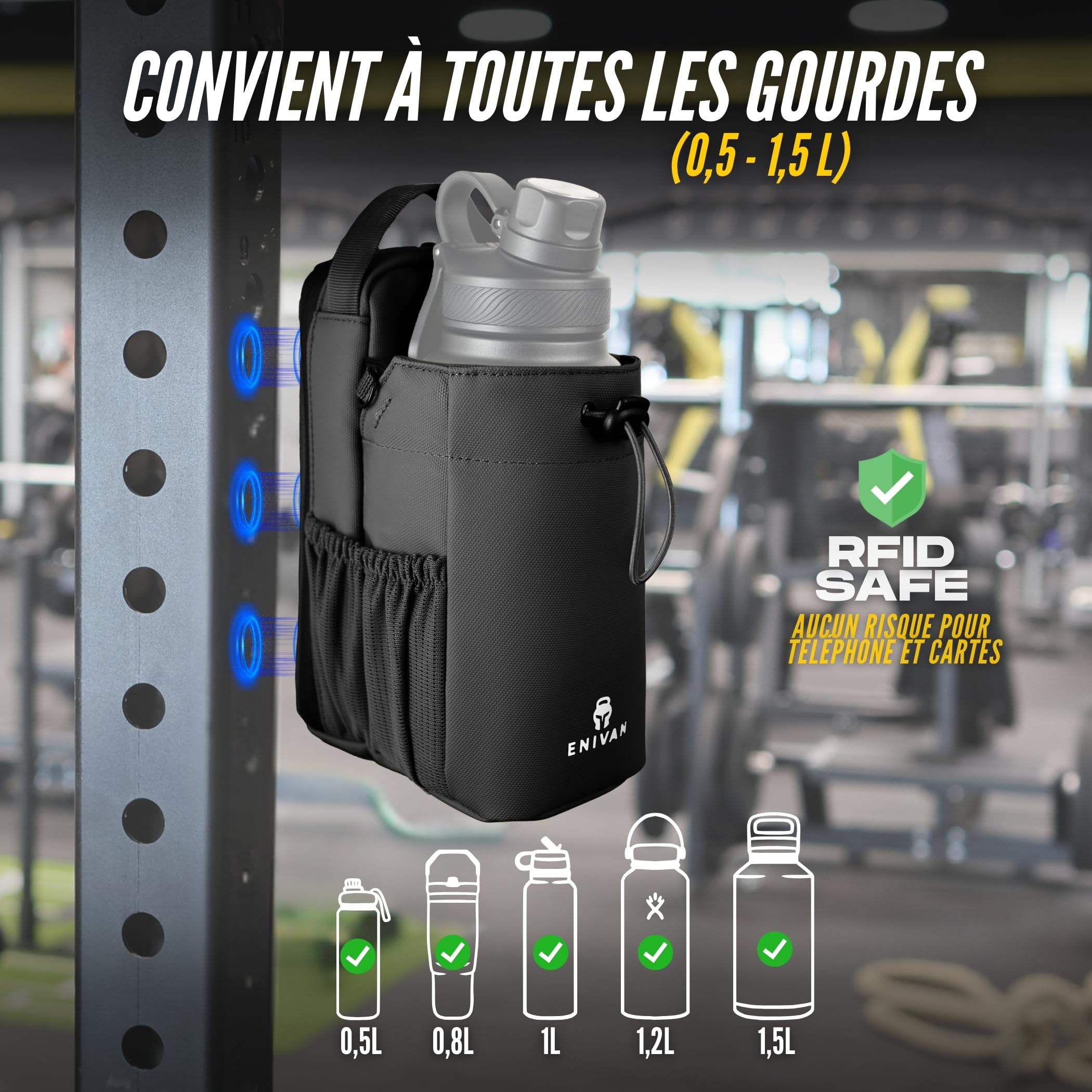 Sac Magnétique Sport avec Fixation Aimantée, Porte Bouteille et Gourde 1,5L, Porte Téléphone, Bandoulière Homme Femme, Mousqueton Clés, Sac Banane Gym, Musculation, Noir