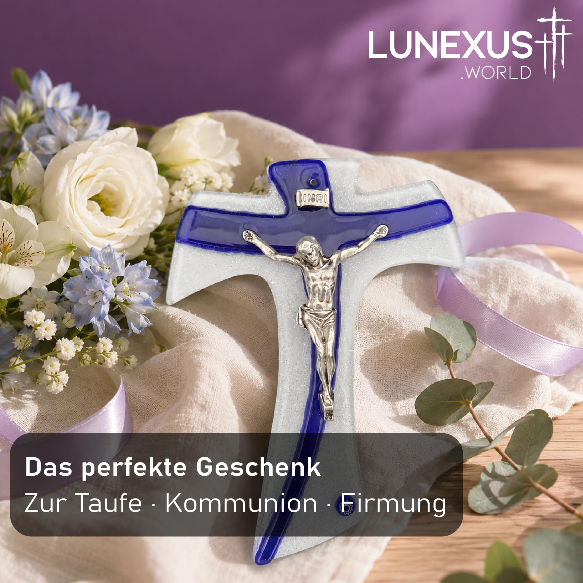 Lunexus Szklany krzyż ścienny 16 cm z korpusem Jezusa INRI biały/niebieski