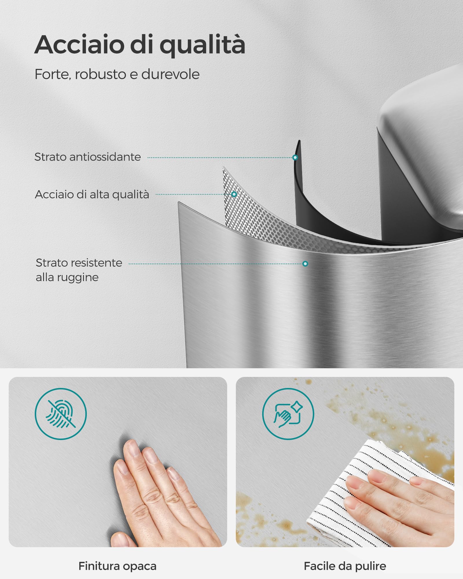 SONGMICS Pattumiera Da Cucina, Cestino Della Spazzatura Da 30L, Pattumiera a Pedale in Acciaio con Coperchio e Secchio Interno, Chiusura Morbida Ammortizzata, Argento LTB01L
