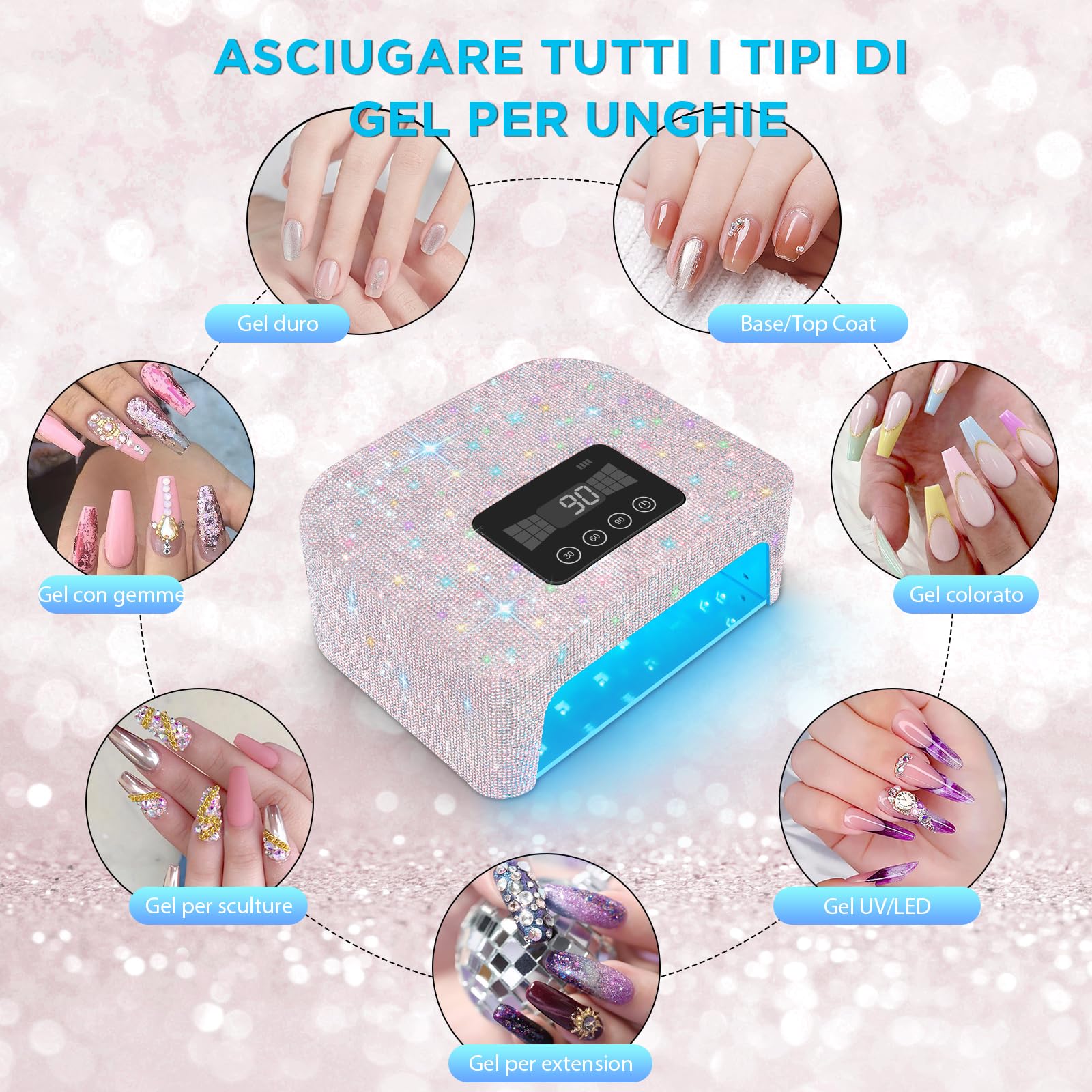 Lampada UV ricaricabile senza fili per unghie in gel, lampada LED per unghie con 4 modalità timer e decorata con strass scintillanti per unghie Diamond per uso domestico/salone, 1pcs