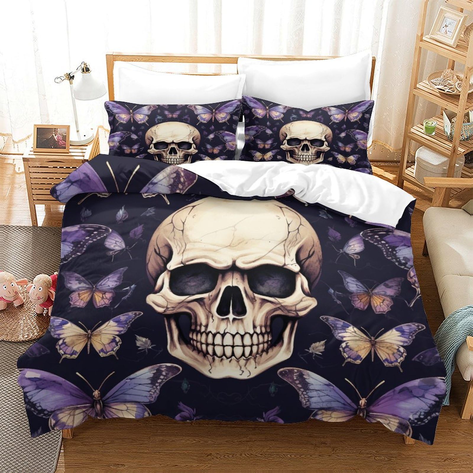 P1S9U7W5Y 3D Printed Skull Butterfly Duvet Cover Set 3pcs Microfiber Skull Bedding Set King