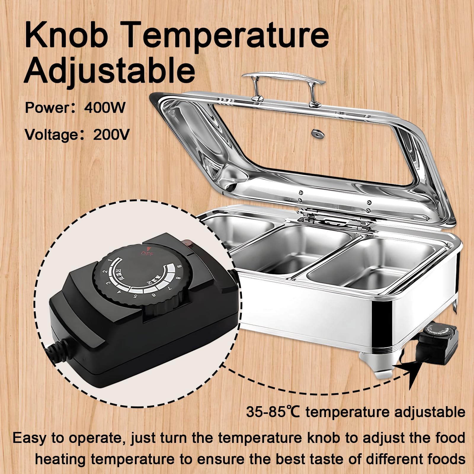 Chafing Dish Buffet Elettrico Temperatura Regolabile 30-85℃(FULL PAN) | 9L Professionale Scaldavivande Buffet Elettrico Acciaio Inox per Buffet, Ristoranti, Hotel, con Coperchio Visibile, 400W