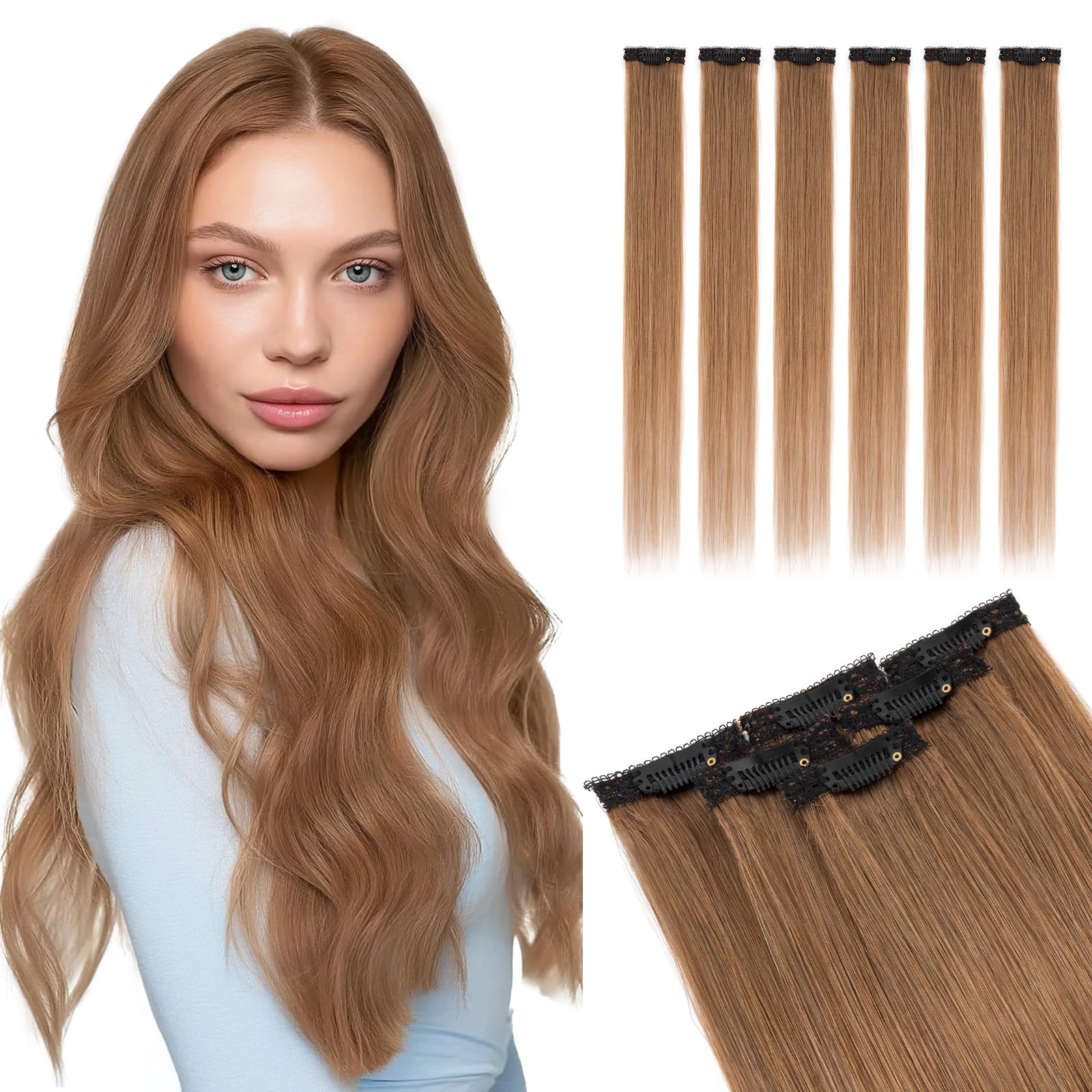 Elailite Real Hair Clip In Extensions Human Hair Brown Double Weft 6 Pcs Seamless Highlights Hairpieces Straight Remy