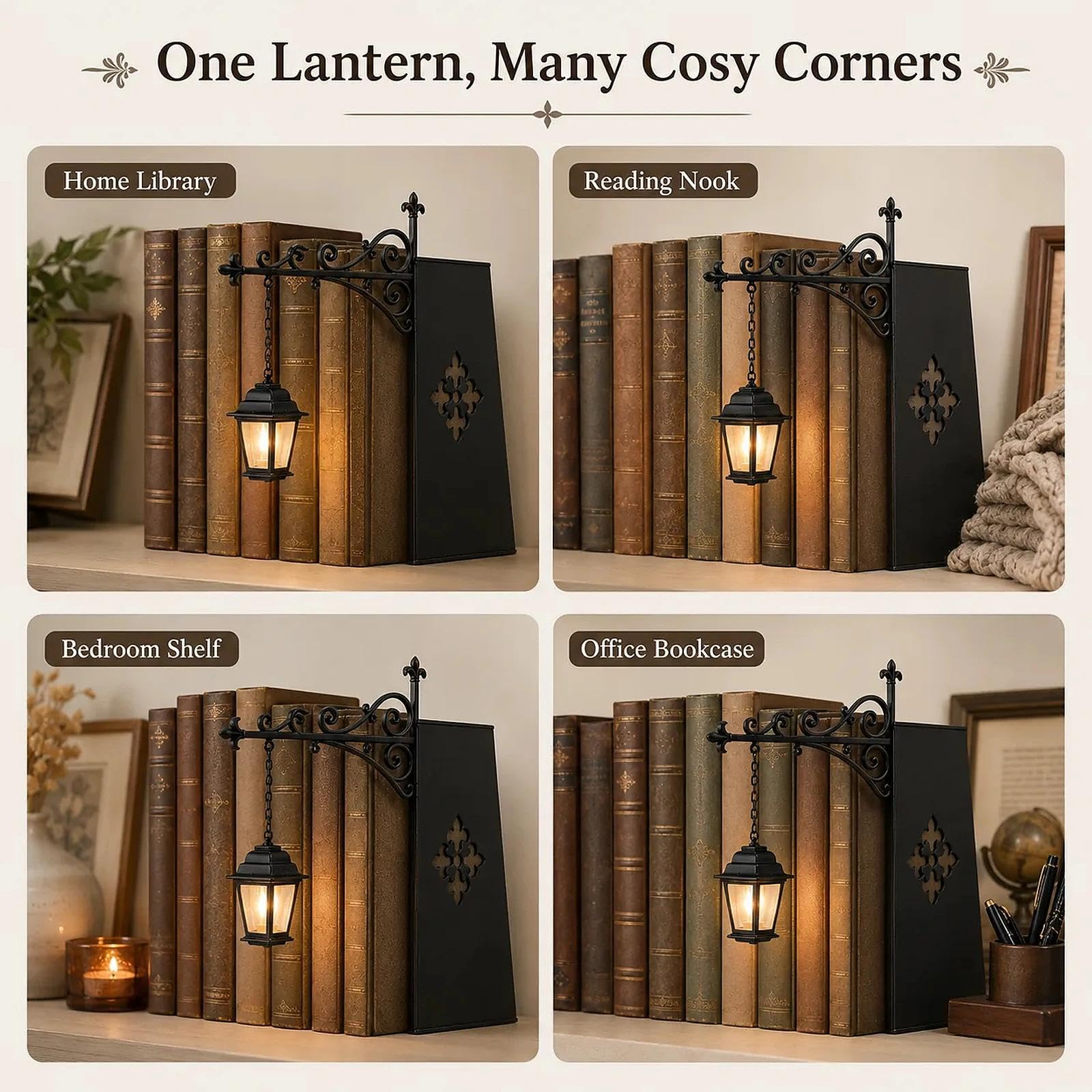 Oświetlenie regału na książki, latarnia w stylu vintage, lampa do regału na książki, matowa czarna wysuwana półka, ciepłe i chłodne światło LED, przytulna dekoracja regału do czytania, prezenty dla