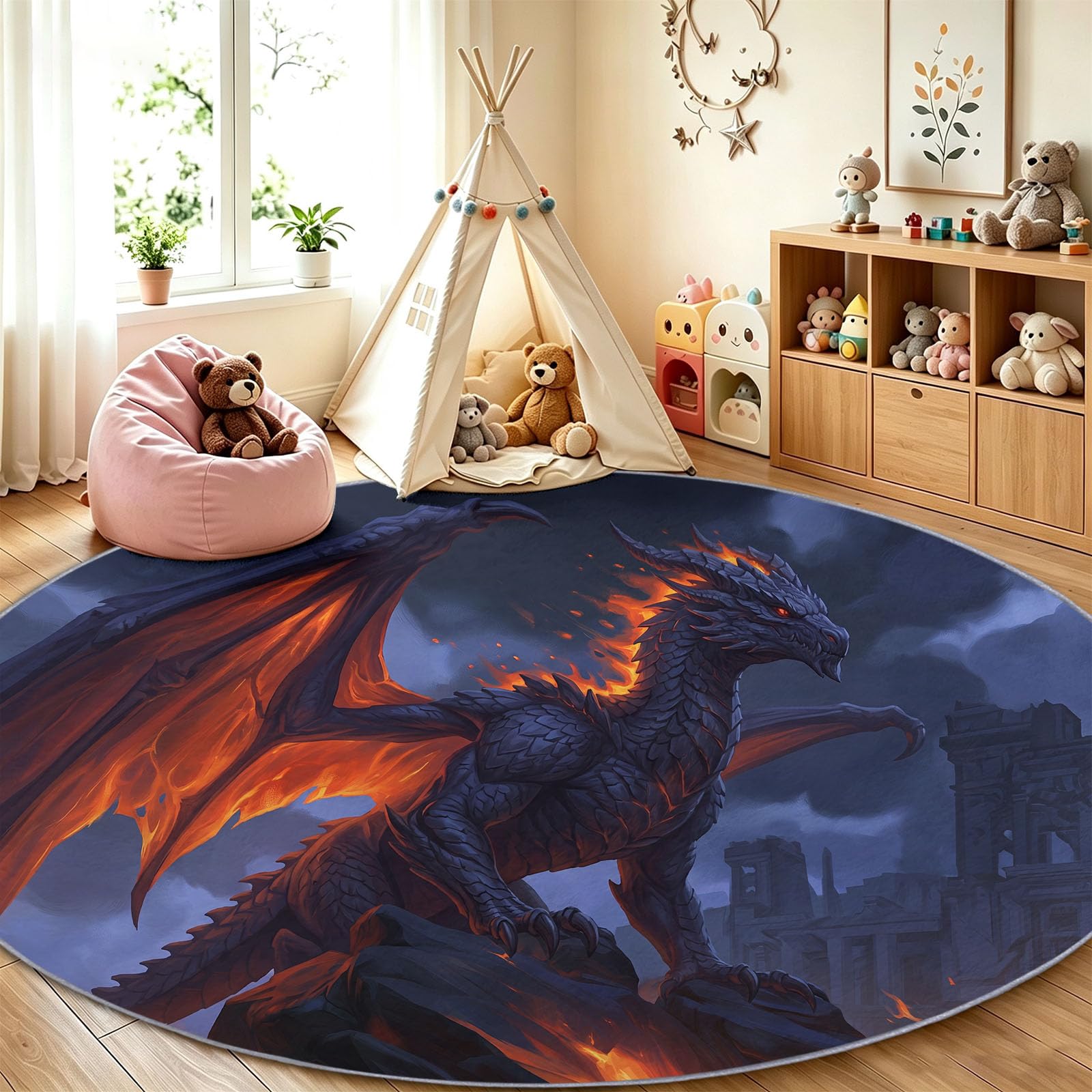 Generisch Teppich Rund 120 cm Cartoon Tier Feuer Drache Teppich