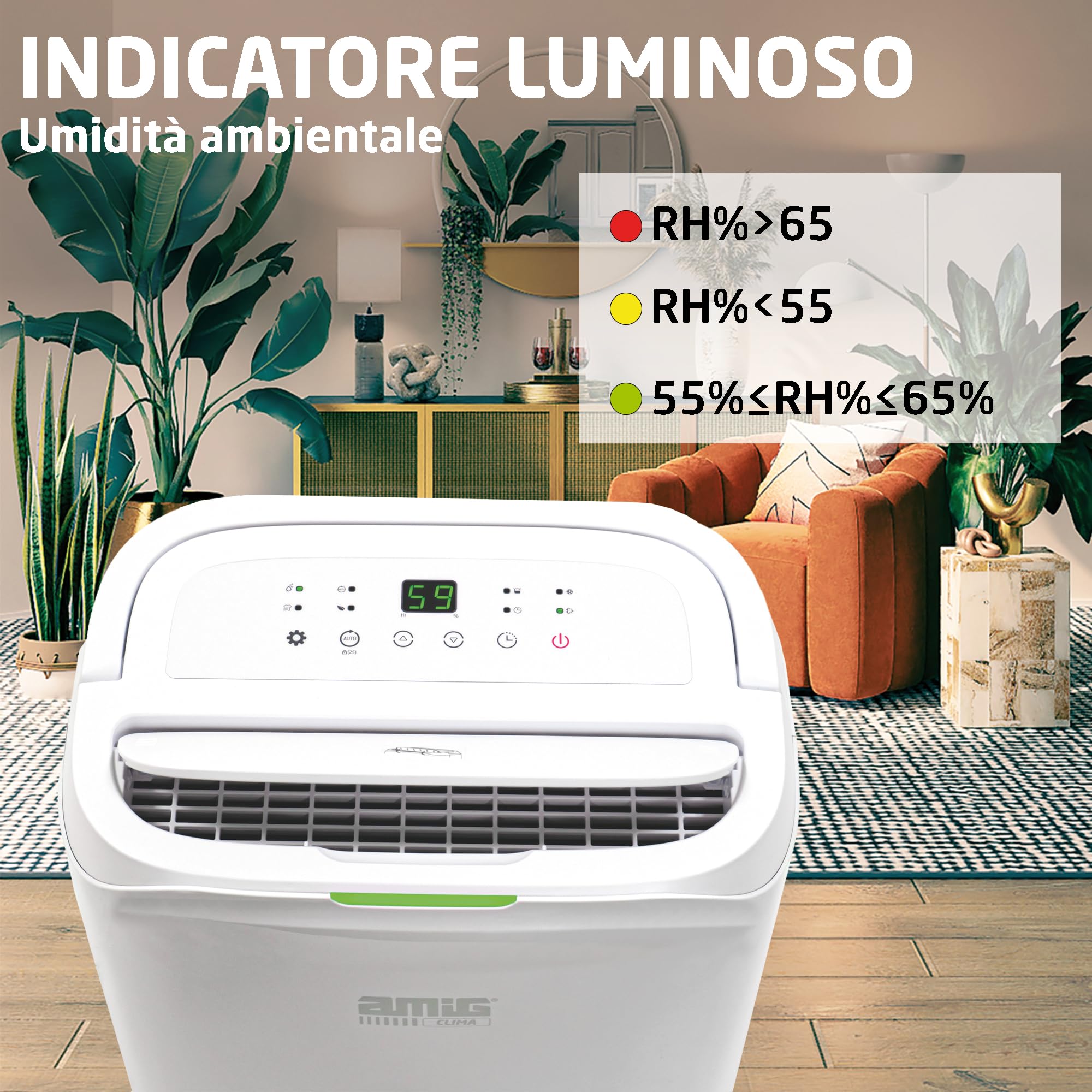 Amig - Deumidificatore MIST - Capacità 20L/giorno - Serbatoio estraibile 5,5L - Controllo dell’umidità e Timer - 36 x 28 x 56 cm - 270W - Copertura 160m³/h - Silenzioso 42 dB - Asciugatura bucato