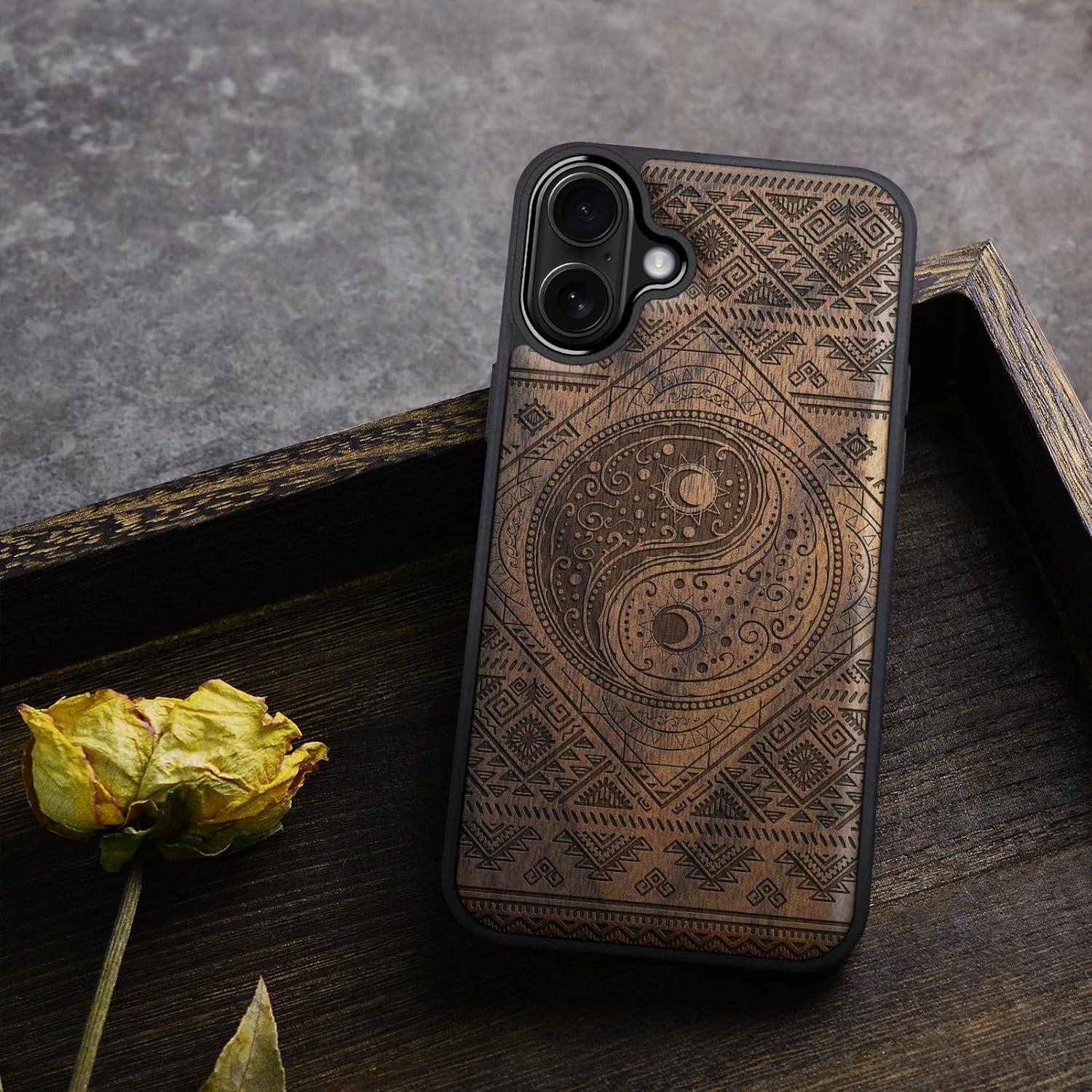 Carveit Magnetic Wooden Case for iPhone 16 Case, Wood Artisan Engraved & Black Soft TPU Shockproof Cover, Compatible with MagSafe Wireless Chargers (Yin Yang Sun and Moon) Walnut