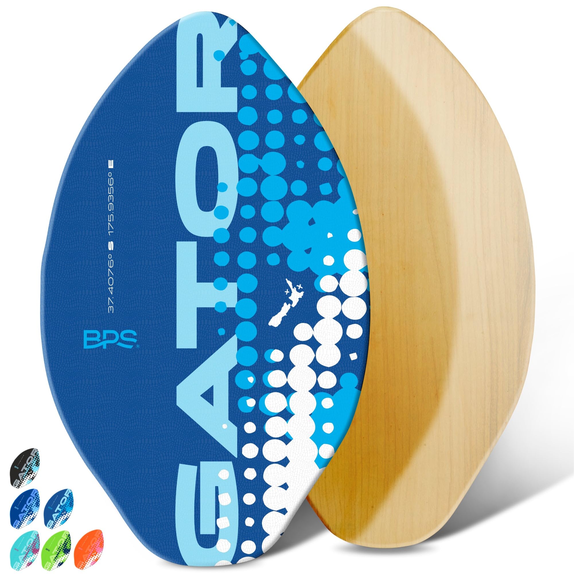 BPS New Zealand ‘Gator’ Skimboard with Colored EVA Grip Pad and High Gloss Clear Coat Wooden Skim Boards for Kids and Adults | Choose from 3 Sizes and