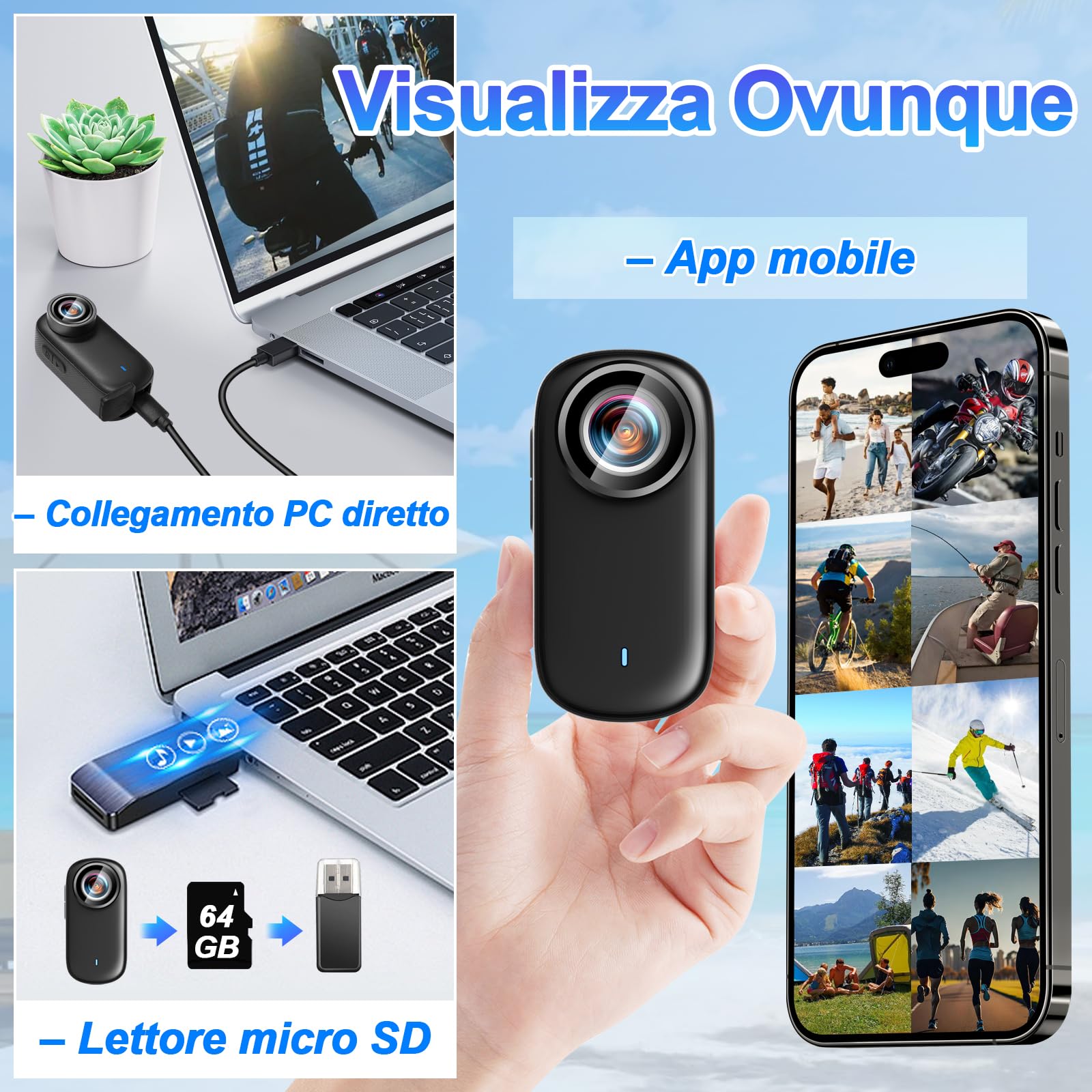 Action Cam 4K WiFi 150° IP65 Moto, con 64GB & Schermo | portatile, 3h batteria autonomia, anti-shock, Tascabile, supporti inclusi, mini