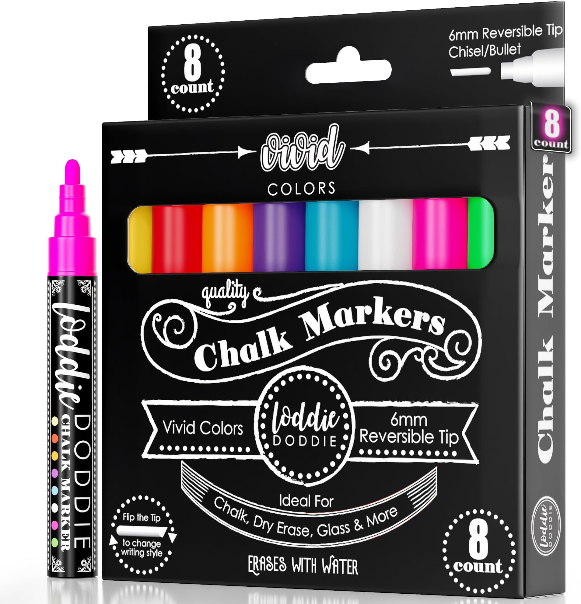 Loddie Doddie Liquid Chalk Markers - 8-Pack, 6mm Dual Tips - Chalk Markers for Blackboard & Chalkboard Paint - Washable Window Pens for Glass - Erasable Pens