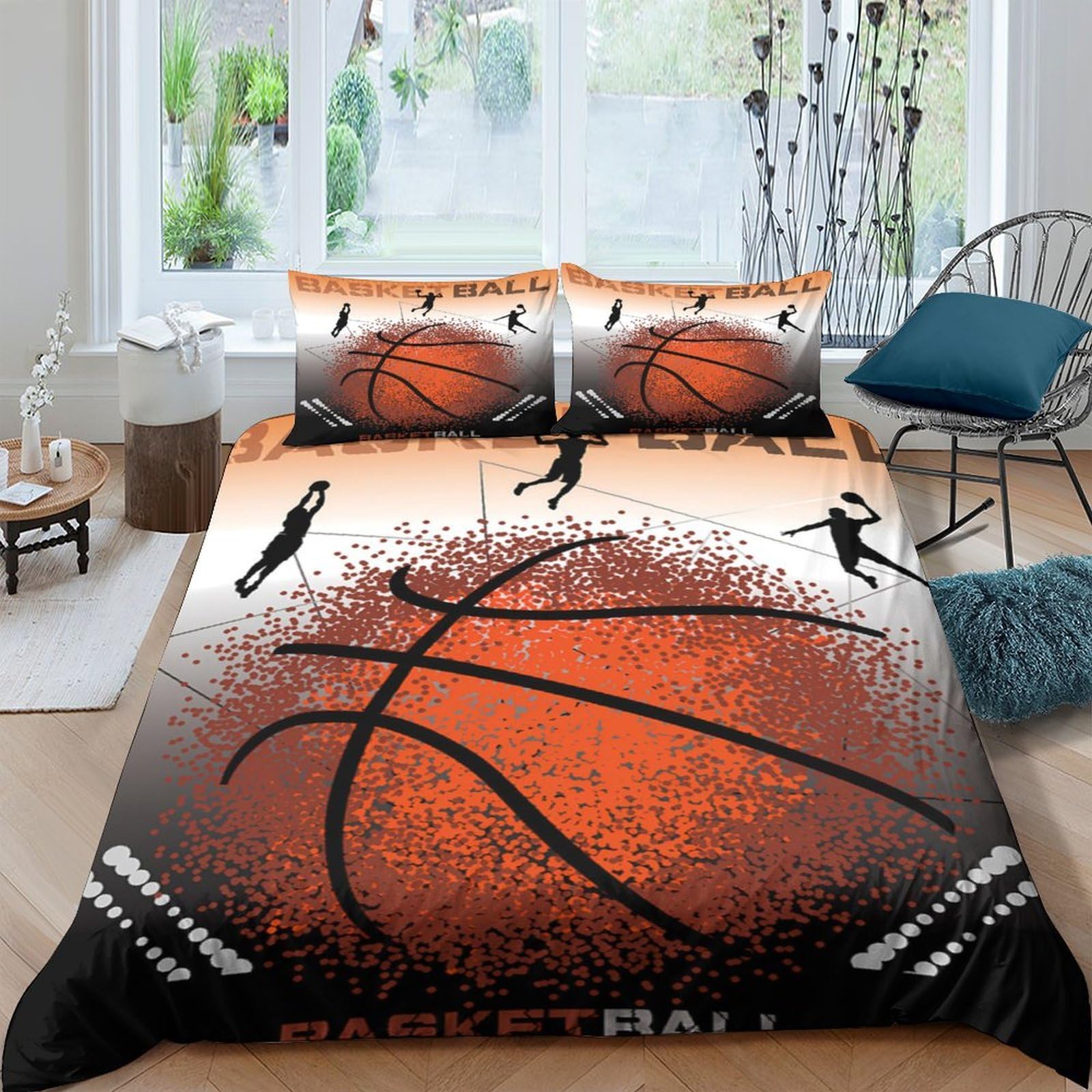 TUFRTGYHN 3D Printed Basketball Court Duvet Cover Microfiber Bedding Set with 2 Pillowcases for Bedroom Decor Gift, Orange Black Single（135x200cm）
