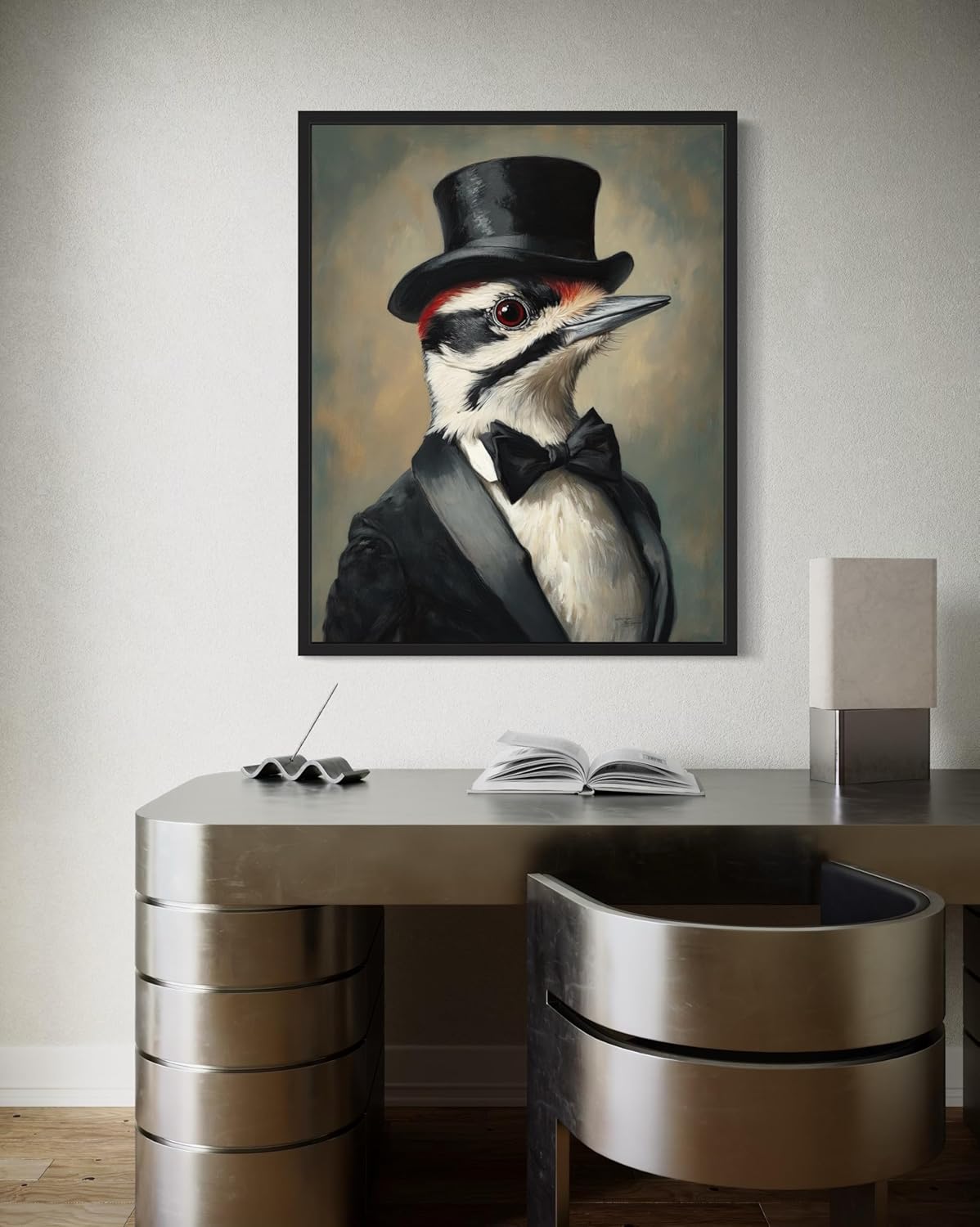 Downy Woodpecker in Tuxedo Poster Art Print, Bird Portraits Humor Wildlife Artwork Wall Art for Bedroom, Living Room Decor Prints Gallery 138 (Downy Woodpecker, 16 x 20 inches, Black Frame)