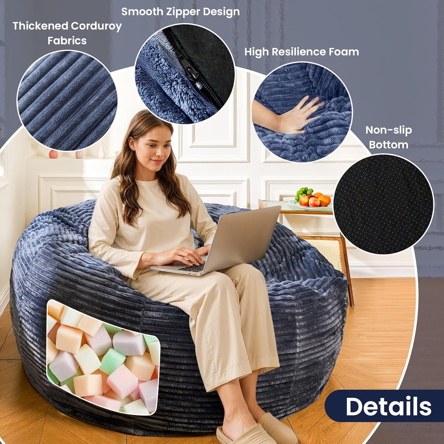 5FT Bean Bag Chair, Giant Bean Bag Chairs with Memory Foam Filled, Bean Bag Chairs for Adults with Corduroy Cover, Ultra Soft Lazy Sofa for Living Room Bedroom (Grey)