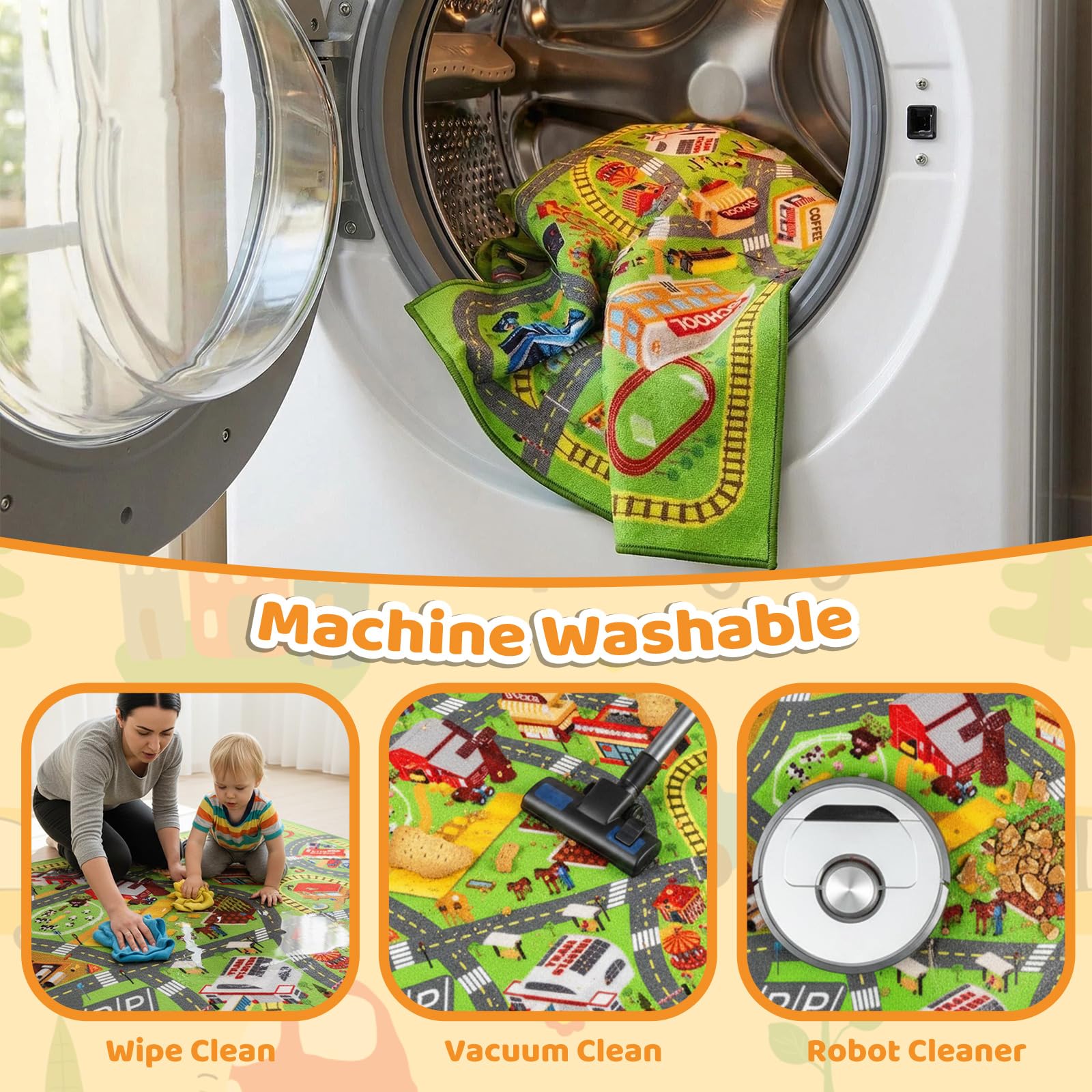 Spielteppich Kinder – Autoteppich mit Straßenmotiv, rutschfeste Spielmatte für Autos & Lastwagen, Kinderteppich für Spielzimmer, Schlafzimmer, Straßenteppich für Jun (3D-Straßenszene, 200X135 CM)