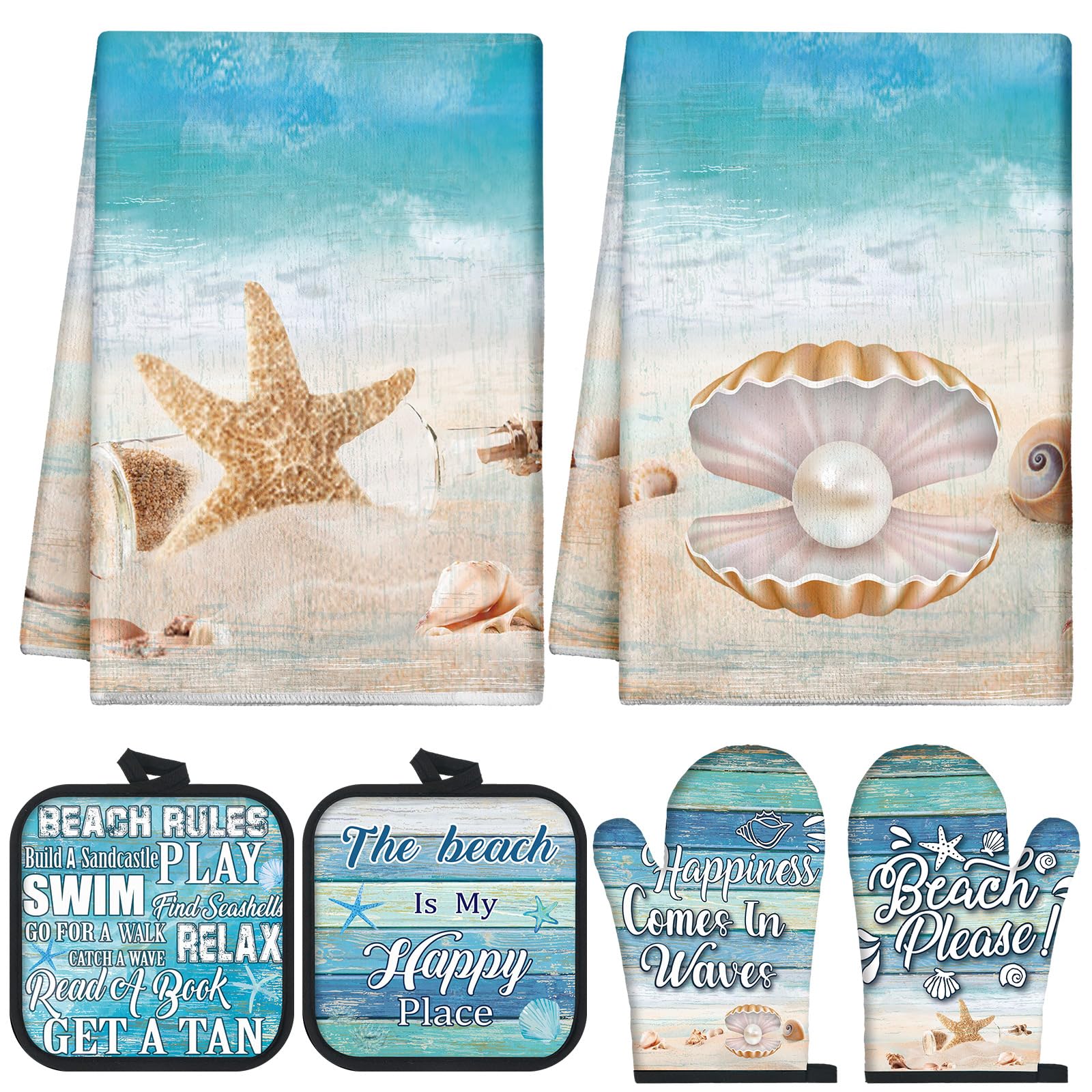 6 Pcs Summer Beach Kitchen Towels Christmas Pot Holders and Oven Mitts Set Include Coastal Dish Towel Beachy Rustic Oven Gloves Heat Resistant Potholders for Christmas Kitchen Gift