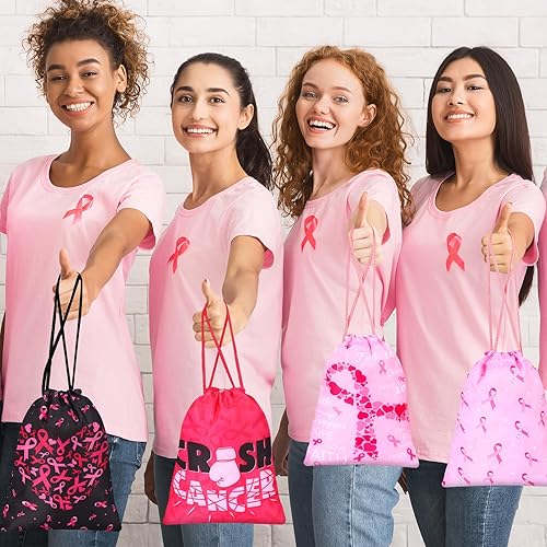 Miniatura 7 de 24 bolsas de cáncer de mama de 5 x 7 pulgadas, bolsa de cinta rosa con cordón, bolsa de regalo para concientización sobre el cáncer de mama, bolsa