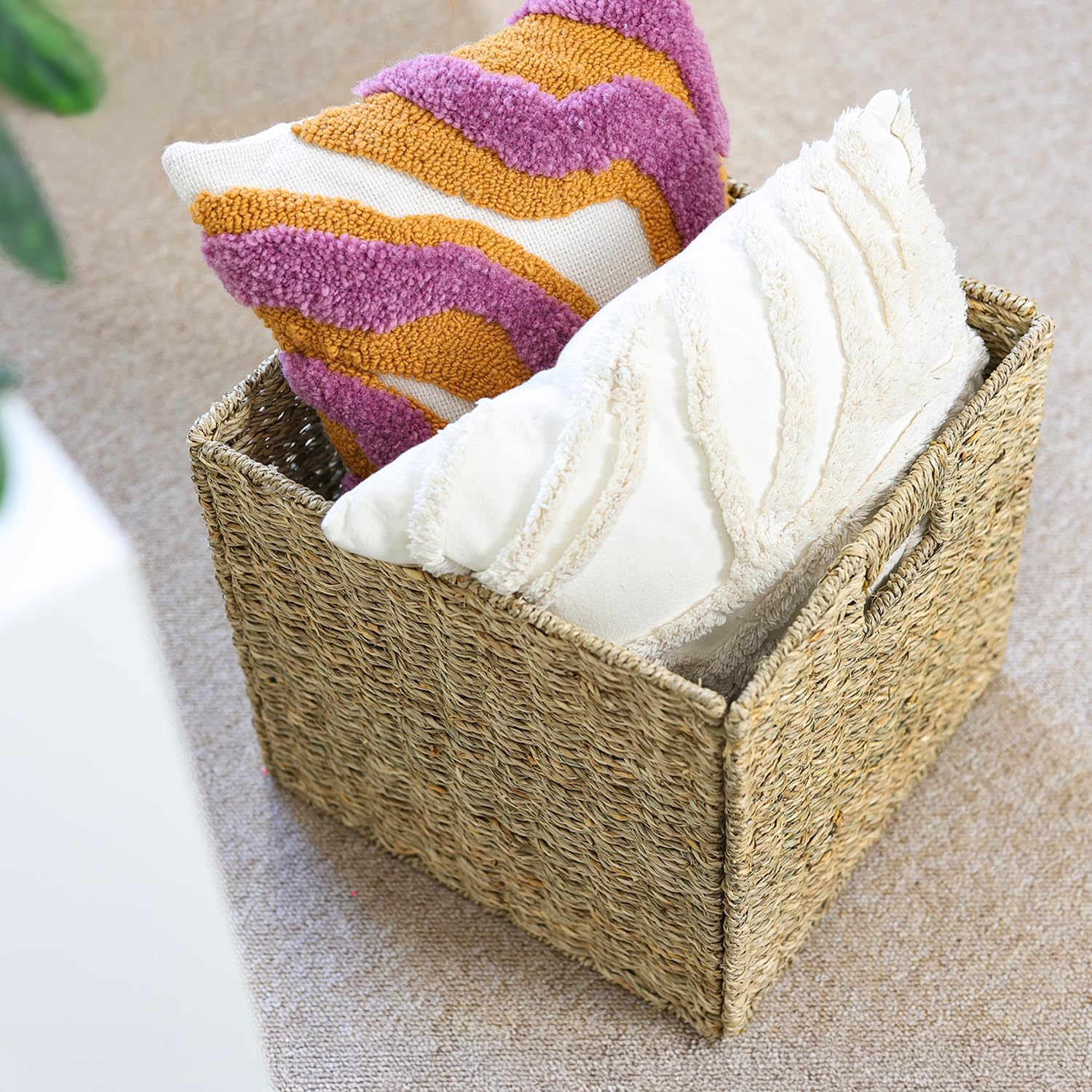 HMF Aufbewahrungskorb passend für KALLAX Regal, Korb geflochten aus Seegras mit Griffen | 4er Set | 32 x 34,5 x 32 cm | Natur
