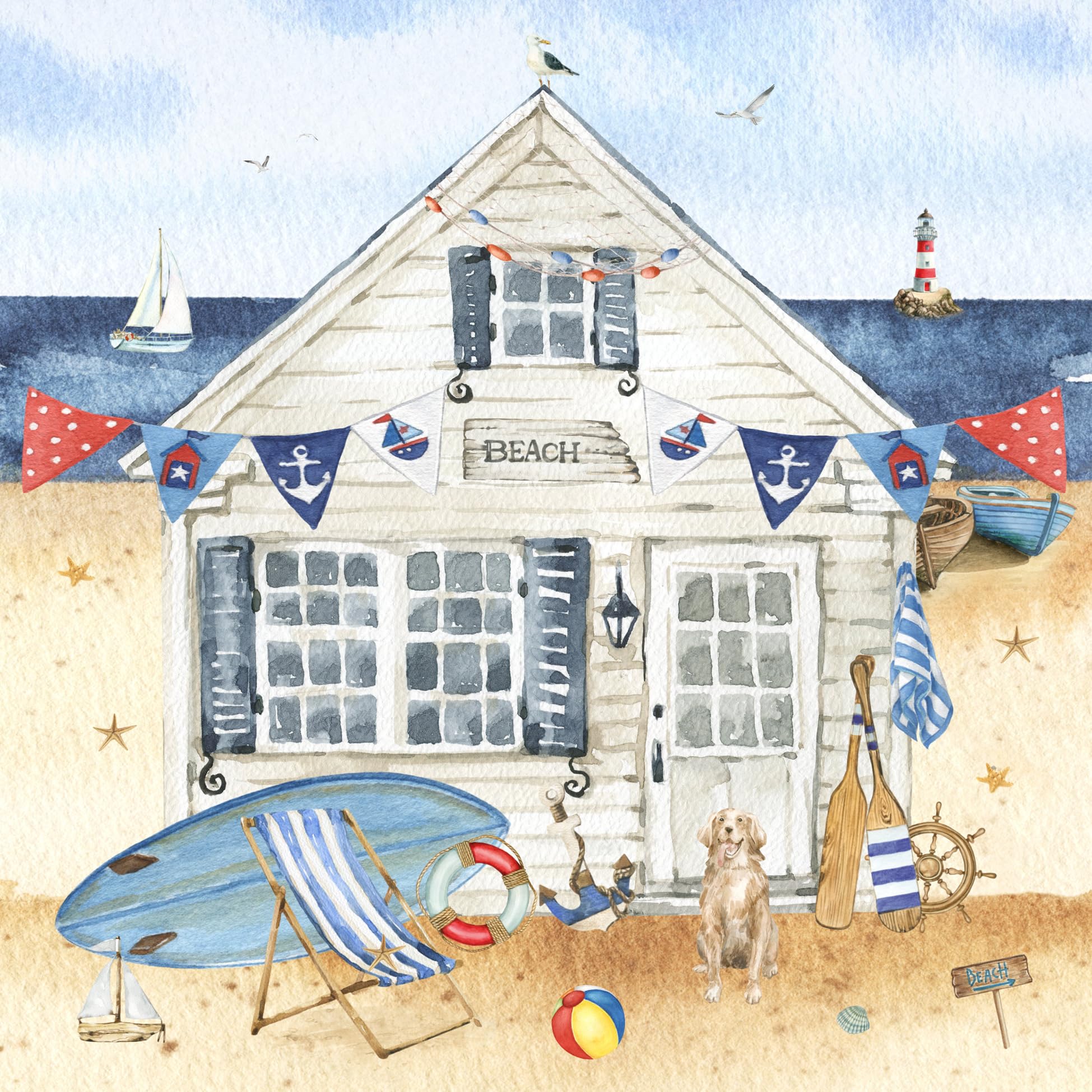 Anniversary House Tiflair Beach Hut Lunch Napkins 3 ply Pack of 20, Beach hut, sea, Summer, sea Life, Nautical, Table Decoration, decoupage, 33 x 33 cm