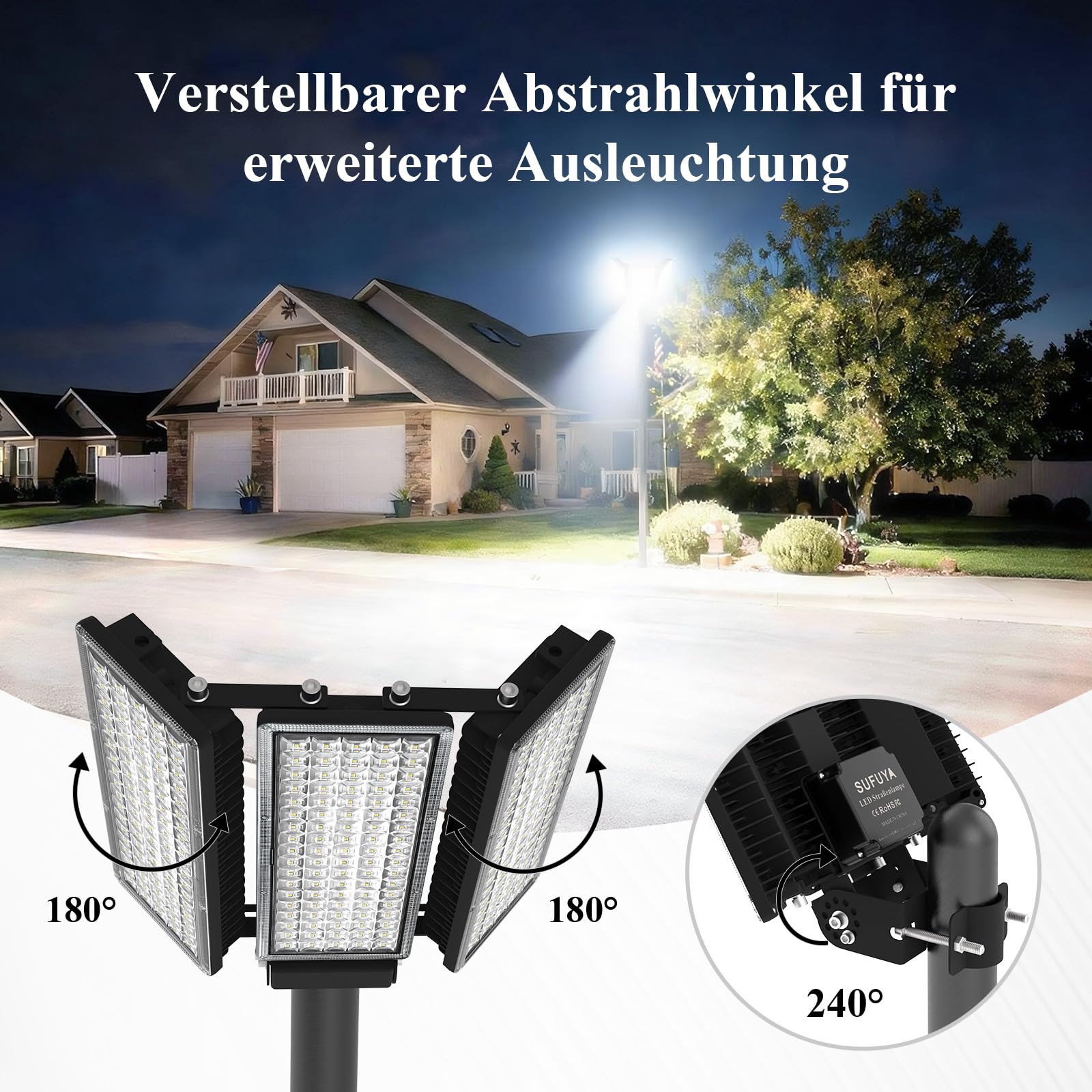 300W LED Flutlicht 42000LM, 3 Köpfe Straßenlampe 6500K | IP67 Wasserdicht & Robust, Flimmerfrei, 10KV Blitzschutz. Festverdrahtung. 180° verstellbarer. Für 45-65mm Mast, Garten