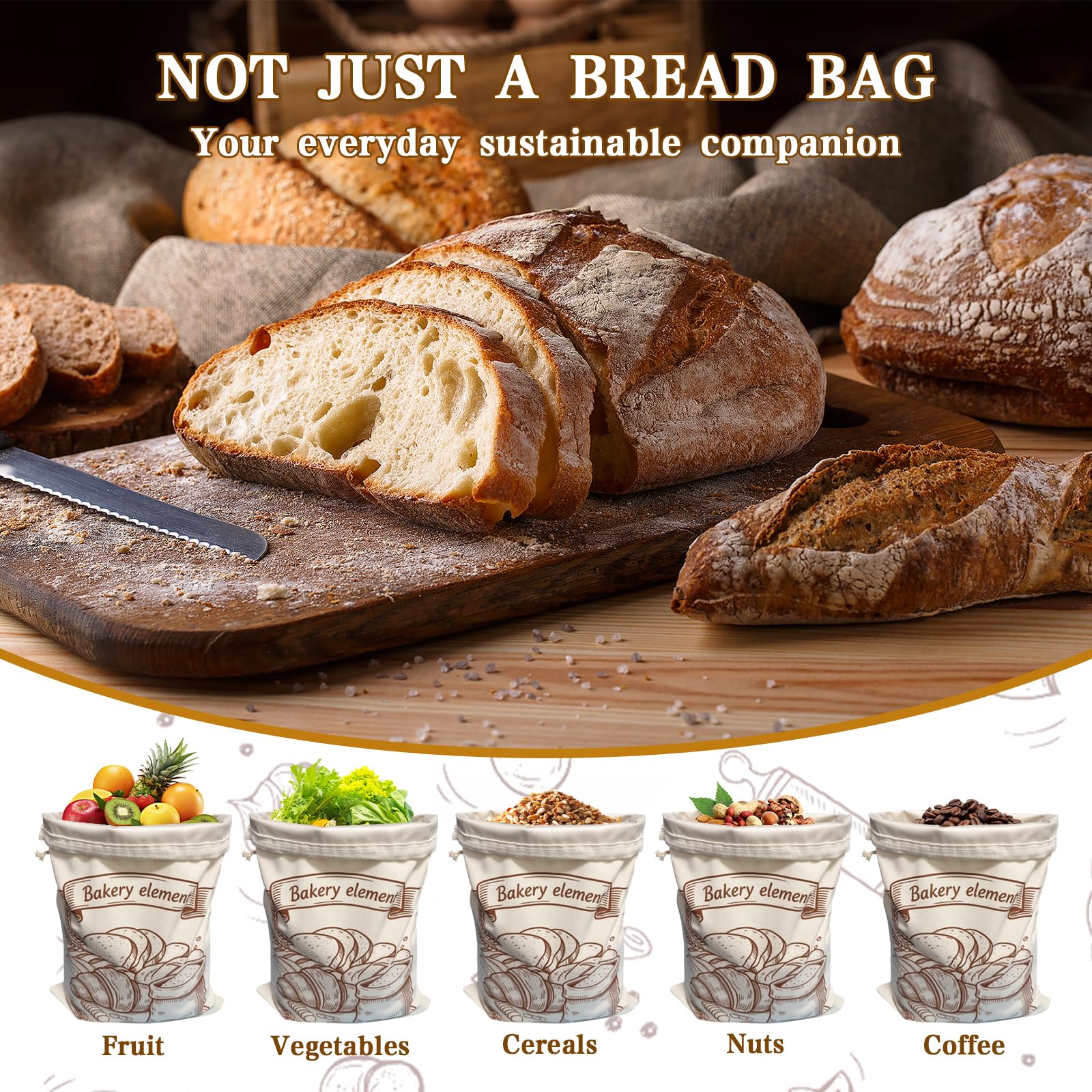 Sac a Pain Cire Abeille en Lin 45x35 cm Doublée TPU Cordon de Serrage Conservation prolongée Lavable résistant