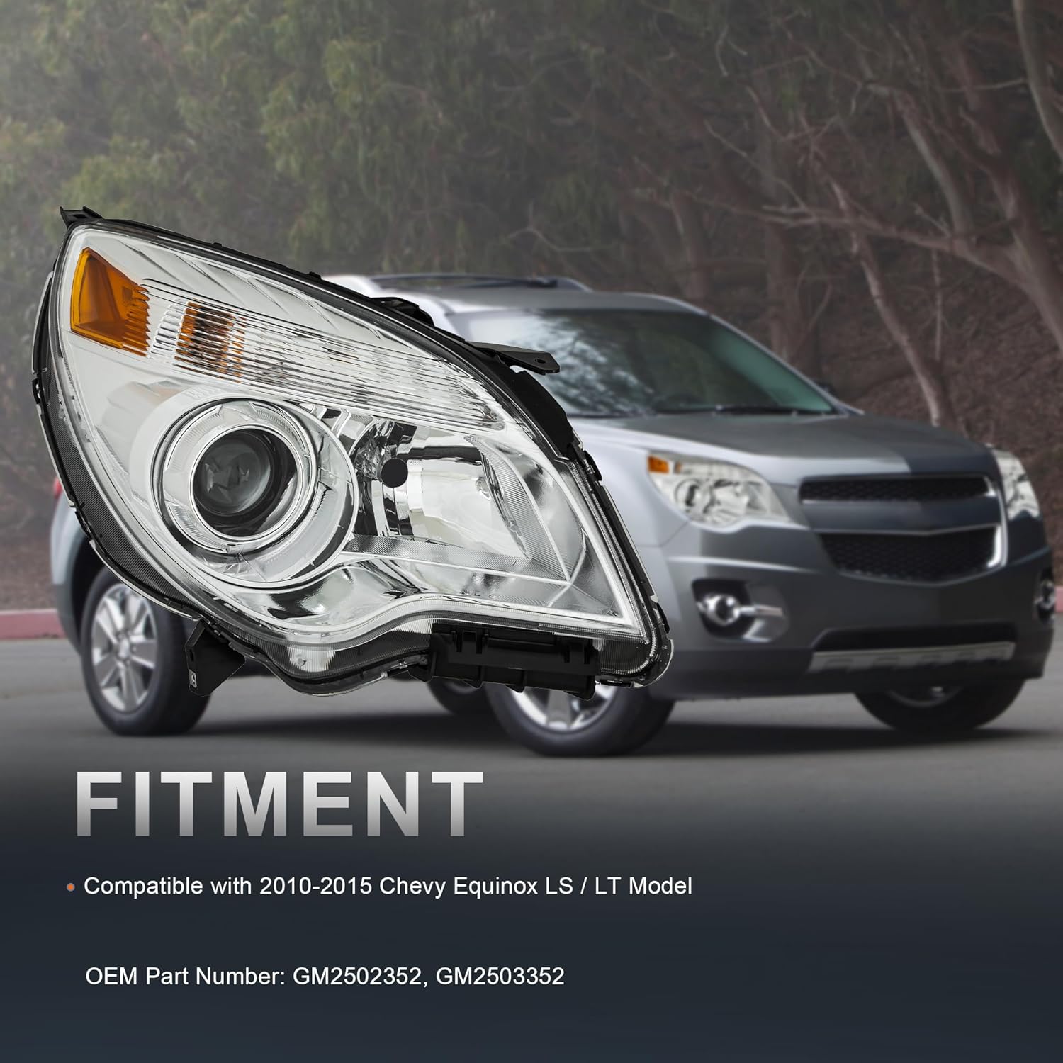 Headlight Assembly Compatible with 2010-2015 Chevy Equinox Chrome Housing/Clear Lens/Amber Reflector OE style GM2502352, GM2503352 Driver & Passenger side replacement pair