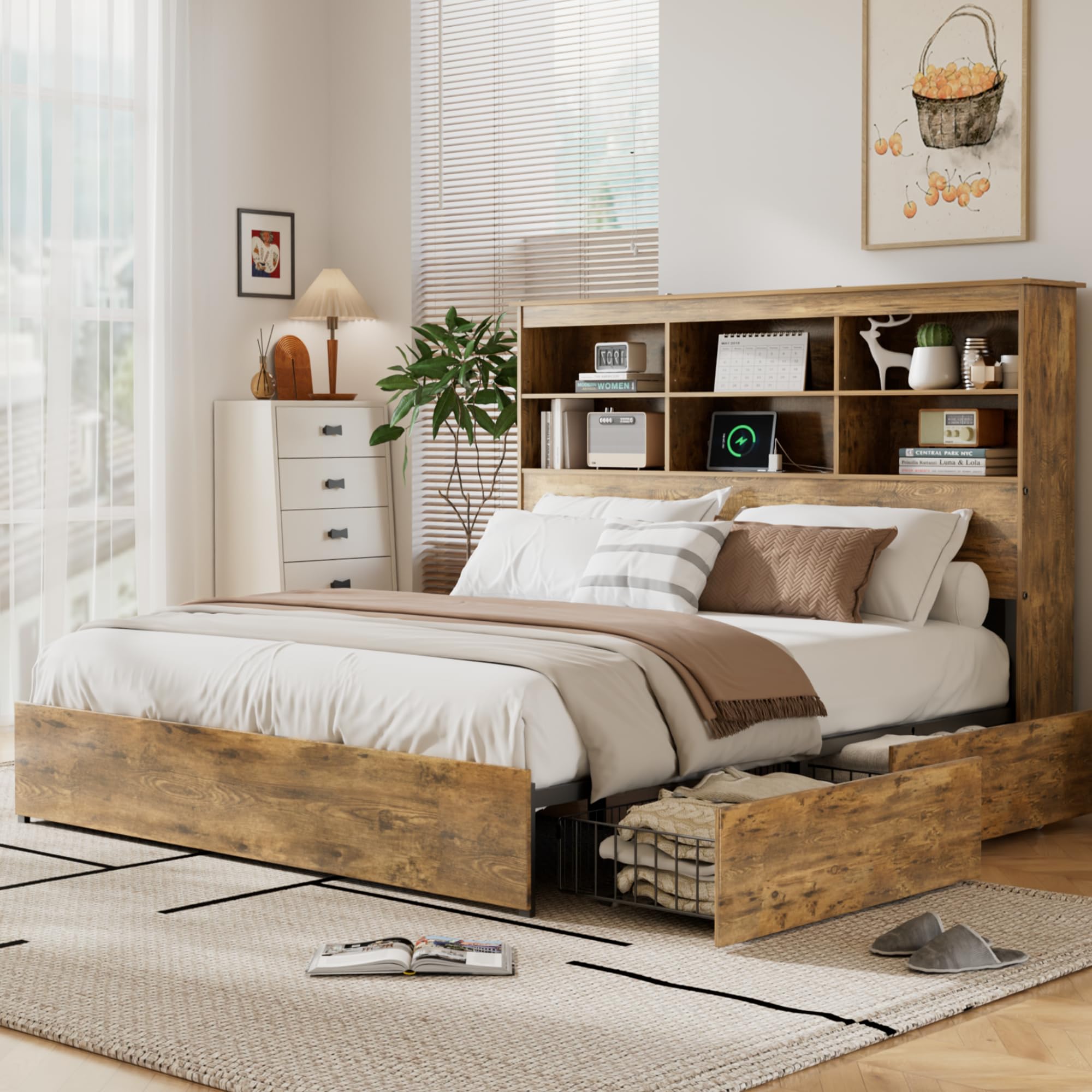 VECELO King Size Bed Frame with Bookcase Headboard