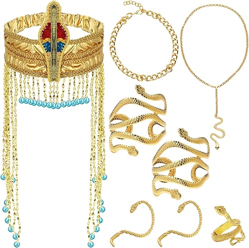 Junkin Juego de 8 piezas de accesorios egipcios para disfraz de Cleopatra egipcia, juego de joyería de Cleopatra, collar, gargantilla, pulseras,