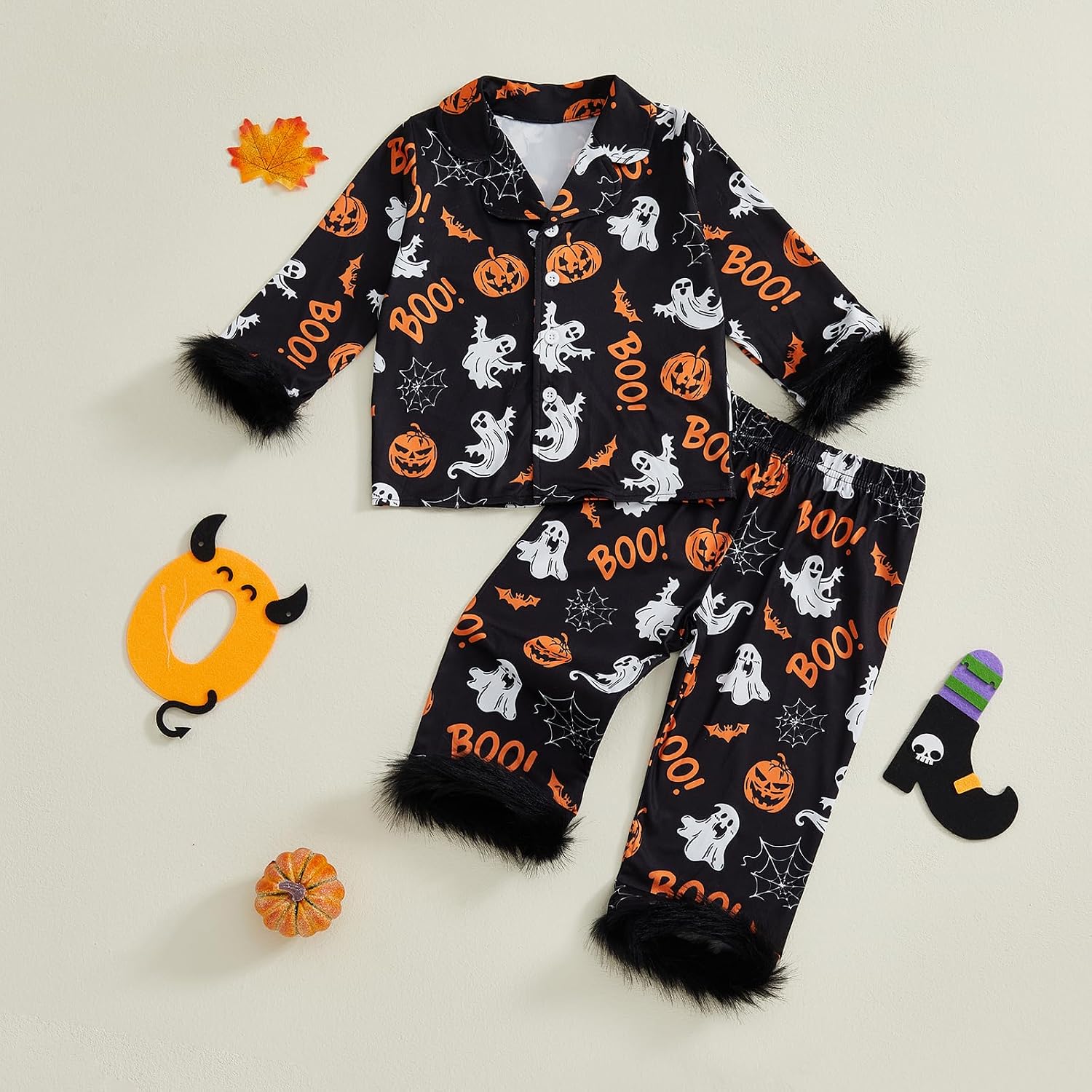 Kavousa Toddler Baby Boy Girl Halloween Pajamas Feather Pumpkin/Skull Long Sleeve Button Shirt Pants Silk Pjs Set Nightgown