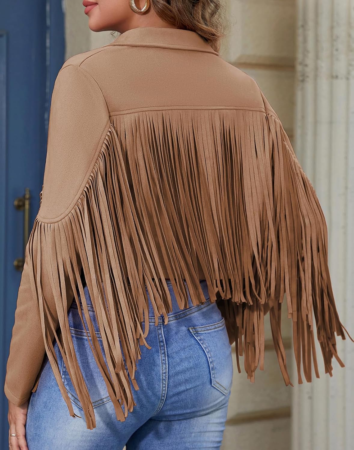 American Trends Womens Casual Faux Leather Jacket Fringe Tops Tassel Suede Cropped Coats Motorcycle Jacket - Image 2