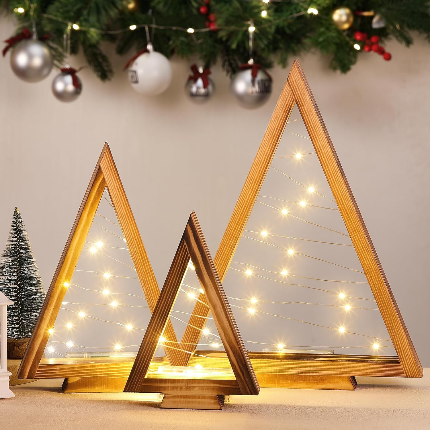 Tujoe 3 Pcs Wood Christmas Tree with Lights Farmhouse