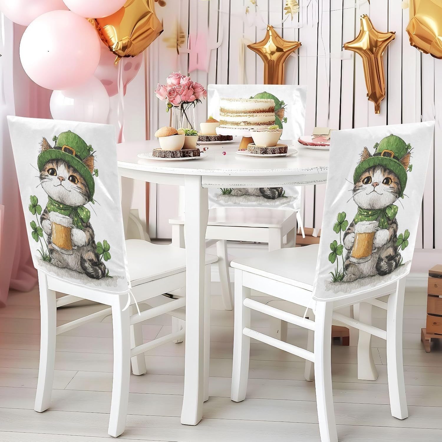 ALAZA Vintage St Patrick's Day Cat Clovers Chair Back Cover Set of 6, Washable Reusable Removable Chair Slipcovers Decorative Chair Cover for Home Kitchen Wedding Party