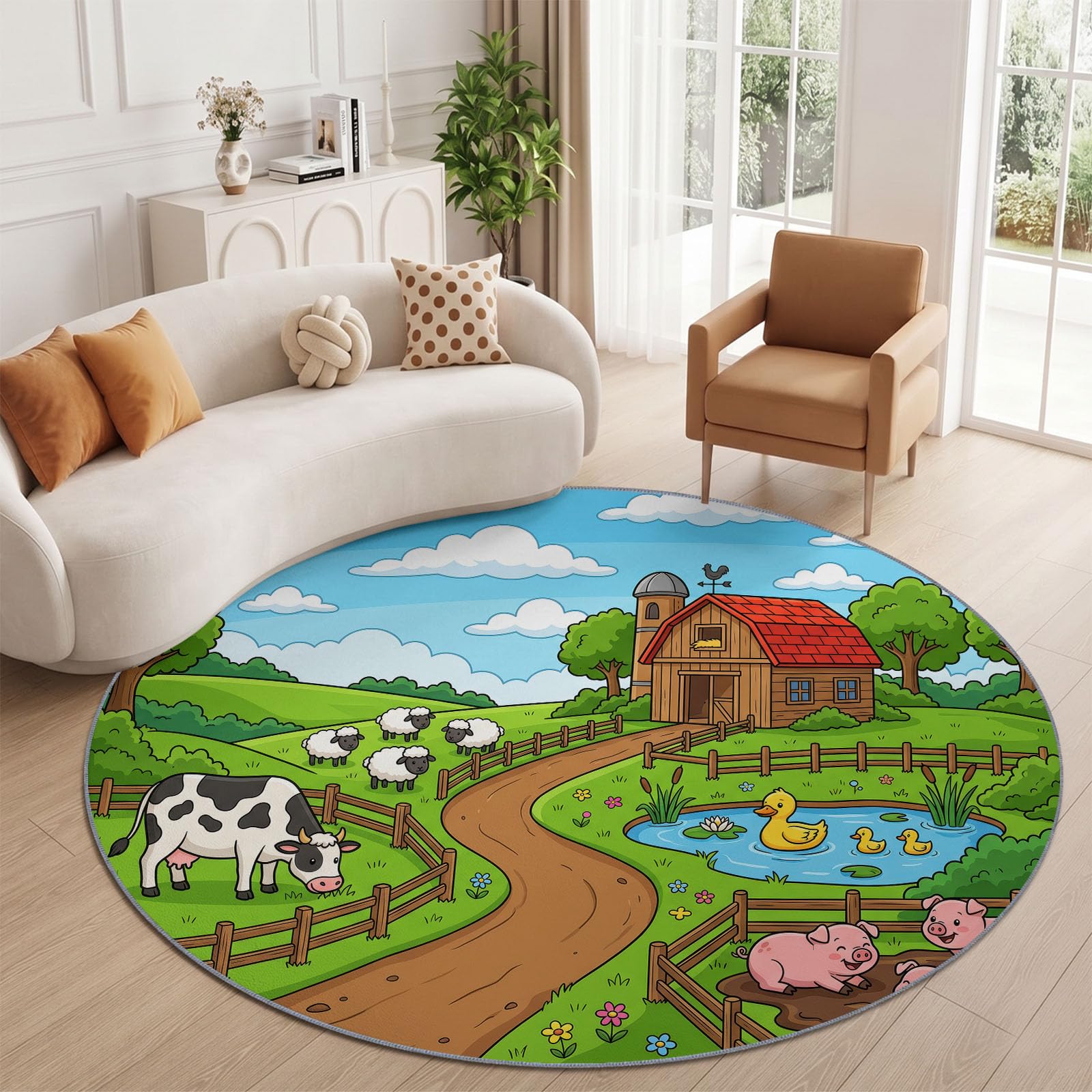 Générique Tapis Rond Vert 120 cm, Tapis à Poils Courts Lavable, Rond, Antidérapant et Doux, Design Dessin Animé Animal Grange Ludique en Dessin Animé pour Pépinière