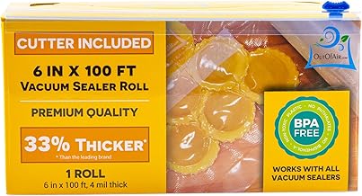 6" x 100' Mega Roll & Cutter Box Vacuum Sealer Bags Roll (No More Scissors) 4 mil 100 Foot OutOfAir, 33% Thicker, BPA Free, Sous Vide, Commercial Grade, Works with FoodSaver Sealers