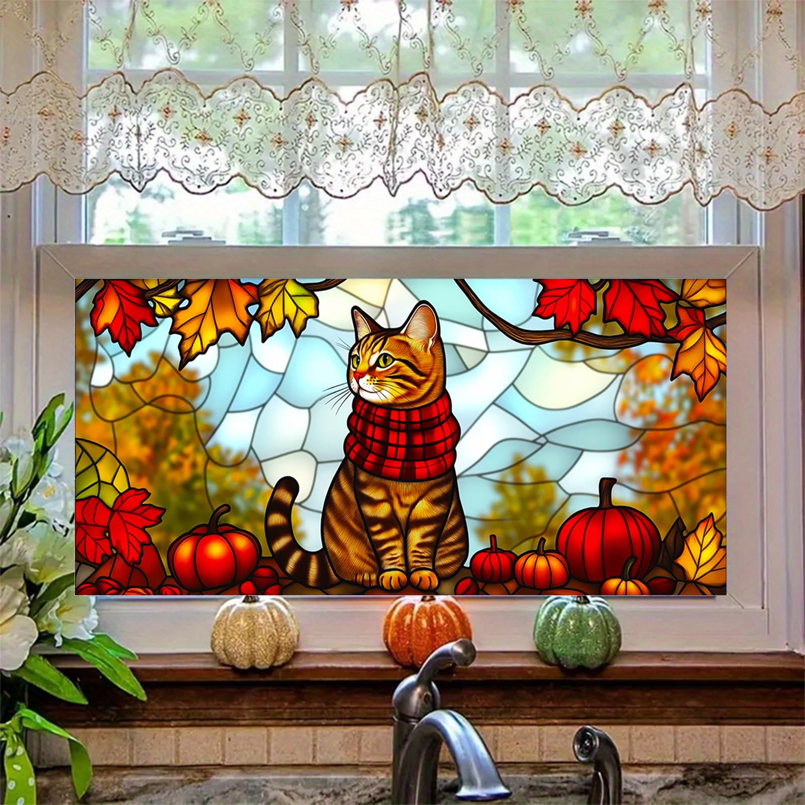 Hometitute Fall Cat Stained Glass Window Film 39.3×17.7 Inchs Pumpkin Window Privacy Film Stained Decals Static Cling Sun Blocking Decor For Home Windows Doors Glass