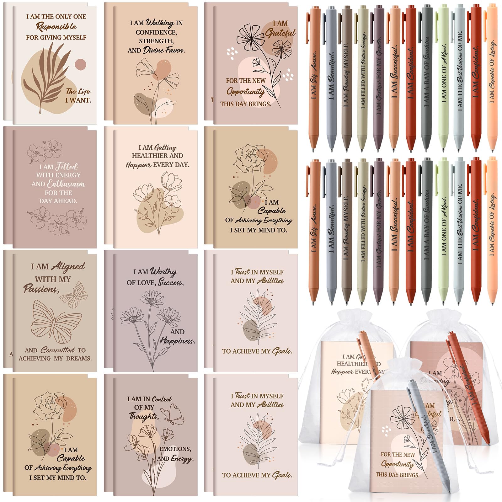Mooliwe 24 Set/48 Pcs Positive Affirmation Gift Set Gratitude Notebooks with Pens Small Bags Motivational Encouragement Notepads Daily Affirmations Journal for Women Stress Relief Self Care (Elegant)