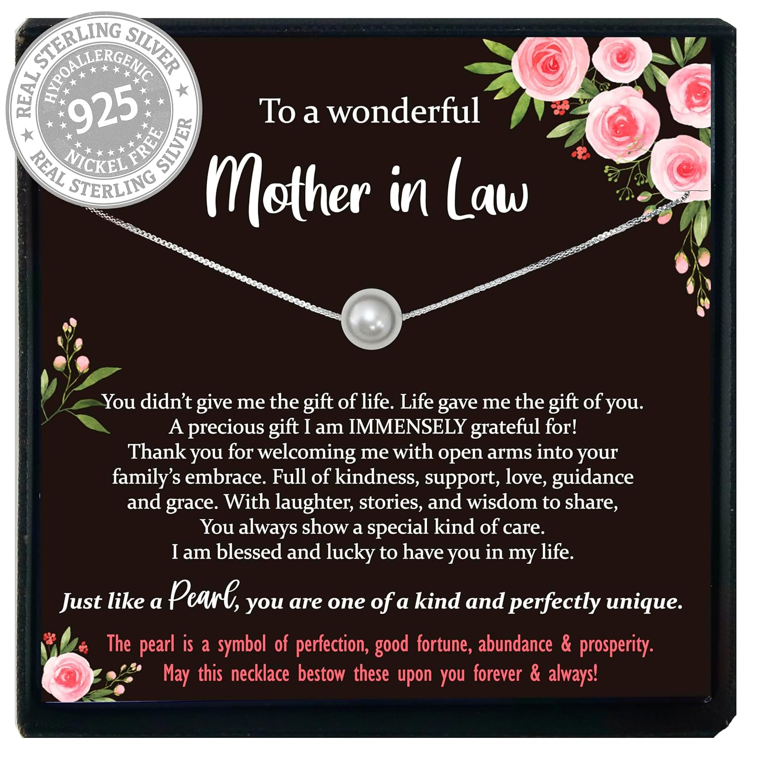 Be Wished Mother in Law Gifts from Daughter in Law or Son In Law, 925 Sterling Silver White Pearl Necklace with Meaningful Message, Ready To Gift