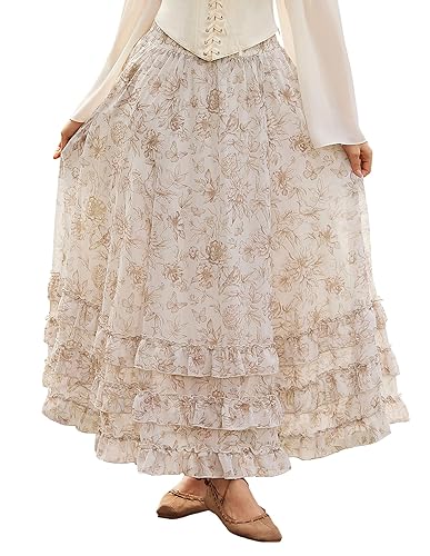 SCARLET DARKNESS Maxi Skirts for Women Floral Chiffon Elastic High Waist Flowy Ruffle Long Skirt with Pockets - Brown Floral - Small