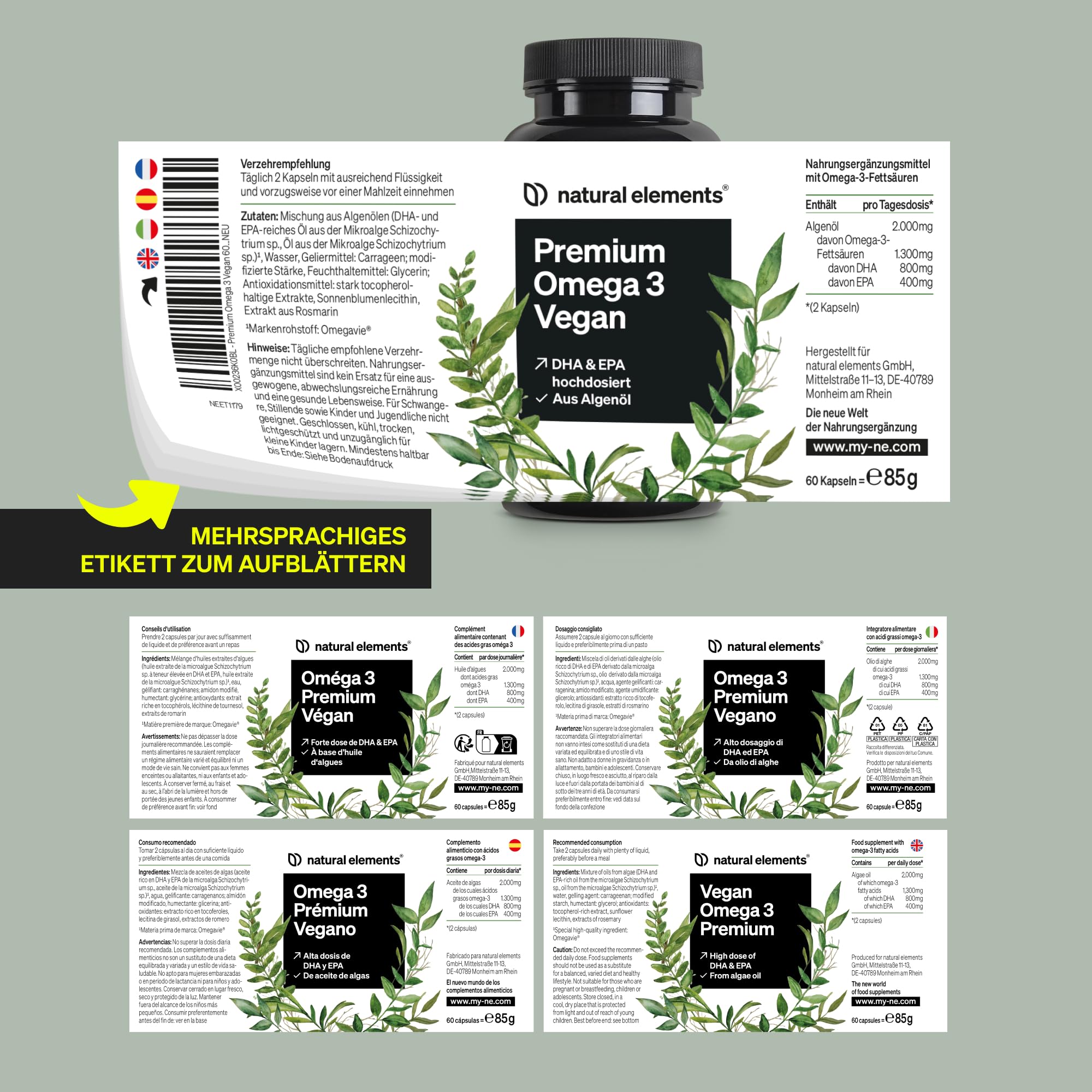 natural elements Premium Omega 3 Vegan – 60 Kapseln – 2000mg Algenöl, 800mg DHA und 400mg EPA pro Tagesdosis – Omega-3 für Veganer – hochdosiert, ohne unnötige Zusätze – laborgeprüfte Qualität