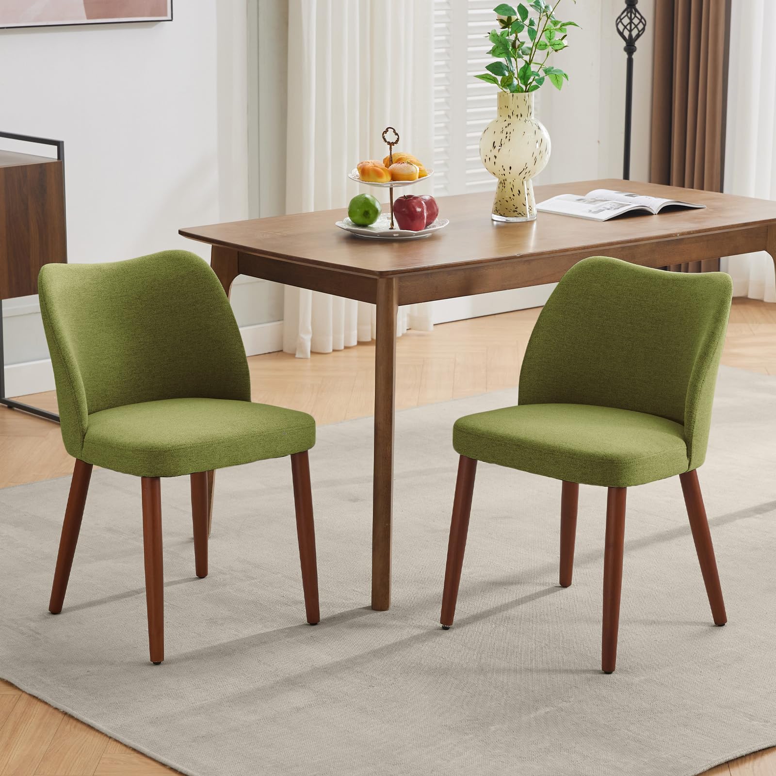 AffinityFurn Wooden Dining Chairs Set of 2, Modern Kitchen Chairs with Backrest & Wooden Legs, Upholstered Armchairs for Living Room, Dining Room, Lounge, Green