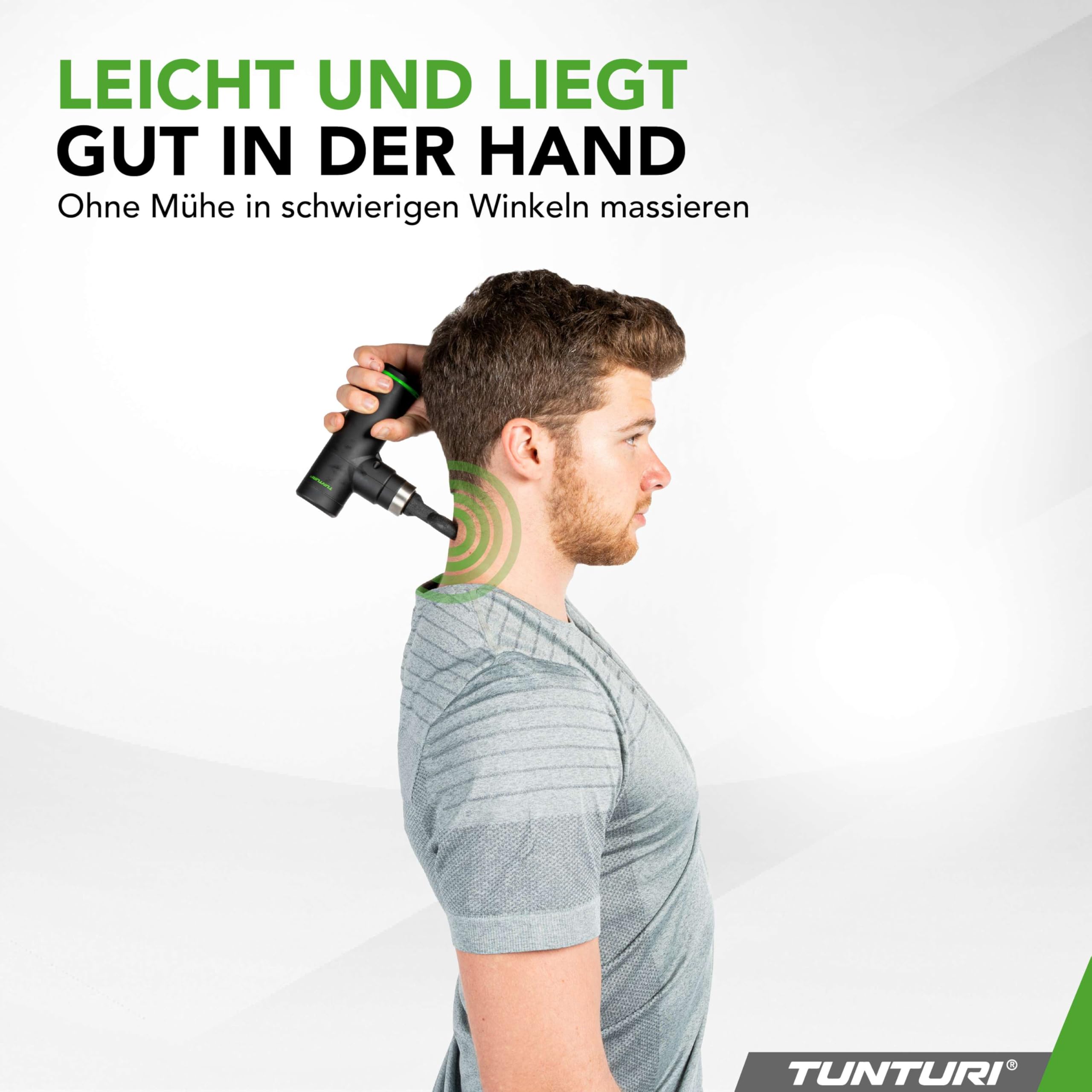 Tunturi MG30 Massagepistole Mini, Taschenformat, ultraleise Massage Pistole, Massage gun, Entspannung und Massage, Massagegerät mit 6 Geschwindigkeiten, 4 Kopfstücke