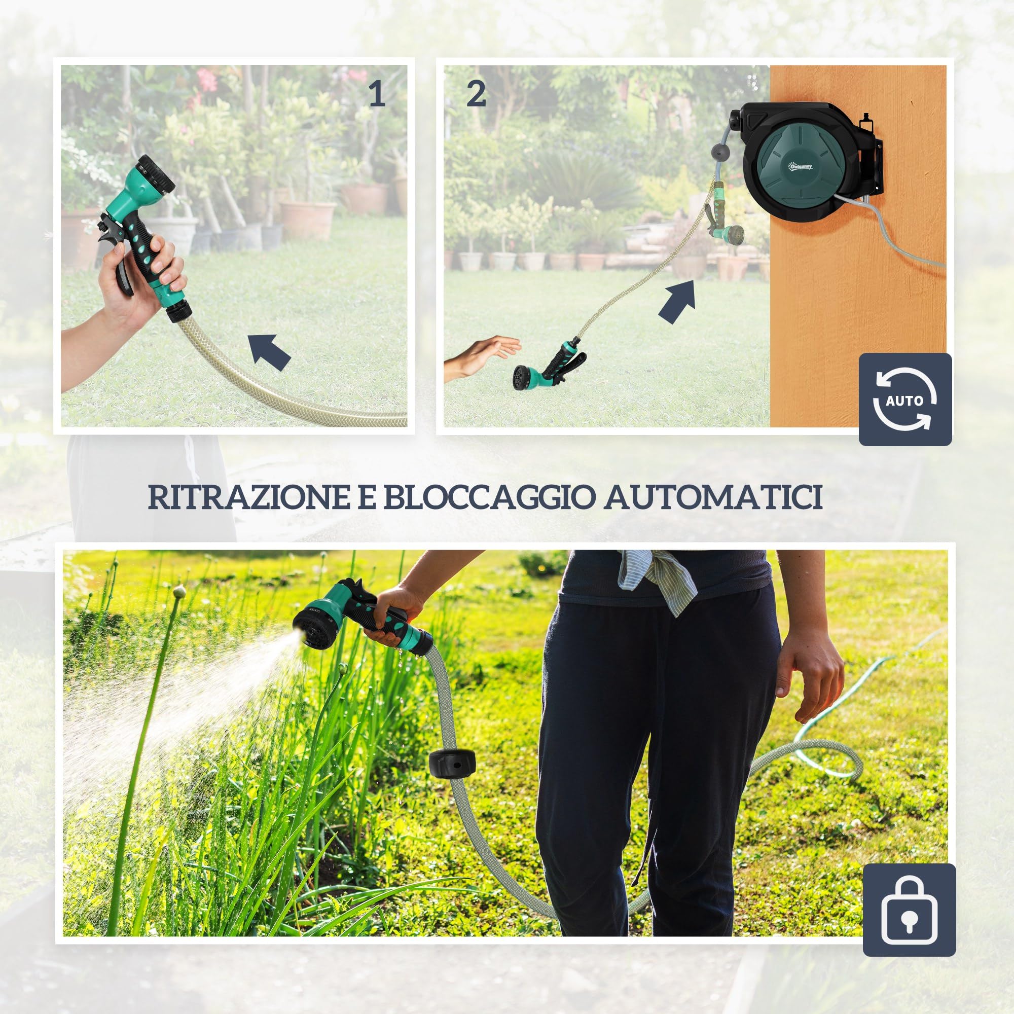 Outsunny Avvolgitubo da Giardino Retrattile con Tubo dell'Acqua 30+2 m, Avvolgitubo da Parete & da Manico, Girevole a 180°, con Blocco e 7 Modalità di Spruzzo per Irrigazione in PP, Nero
