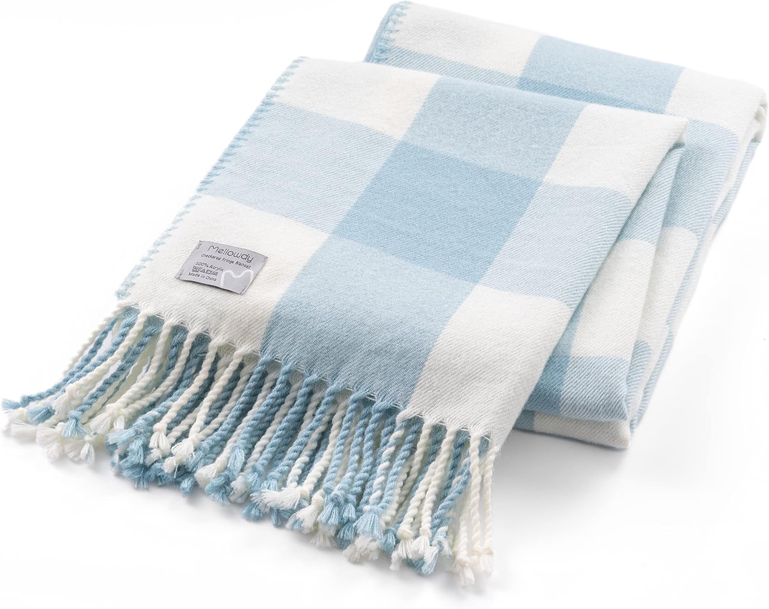 Mellowdy Classic Checkered Blanket - Faux Cashmere Plaid Throw with Fringe - Soft Woven, Lightweight, Farmhouse, Vintage Inspired Décor for Couch, Chair, Office (Winter Blue, 50x60)