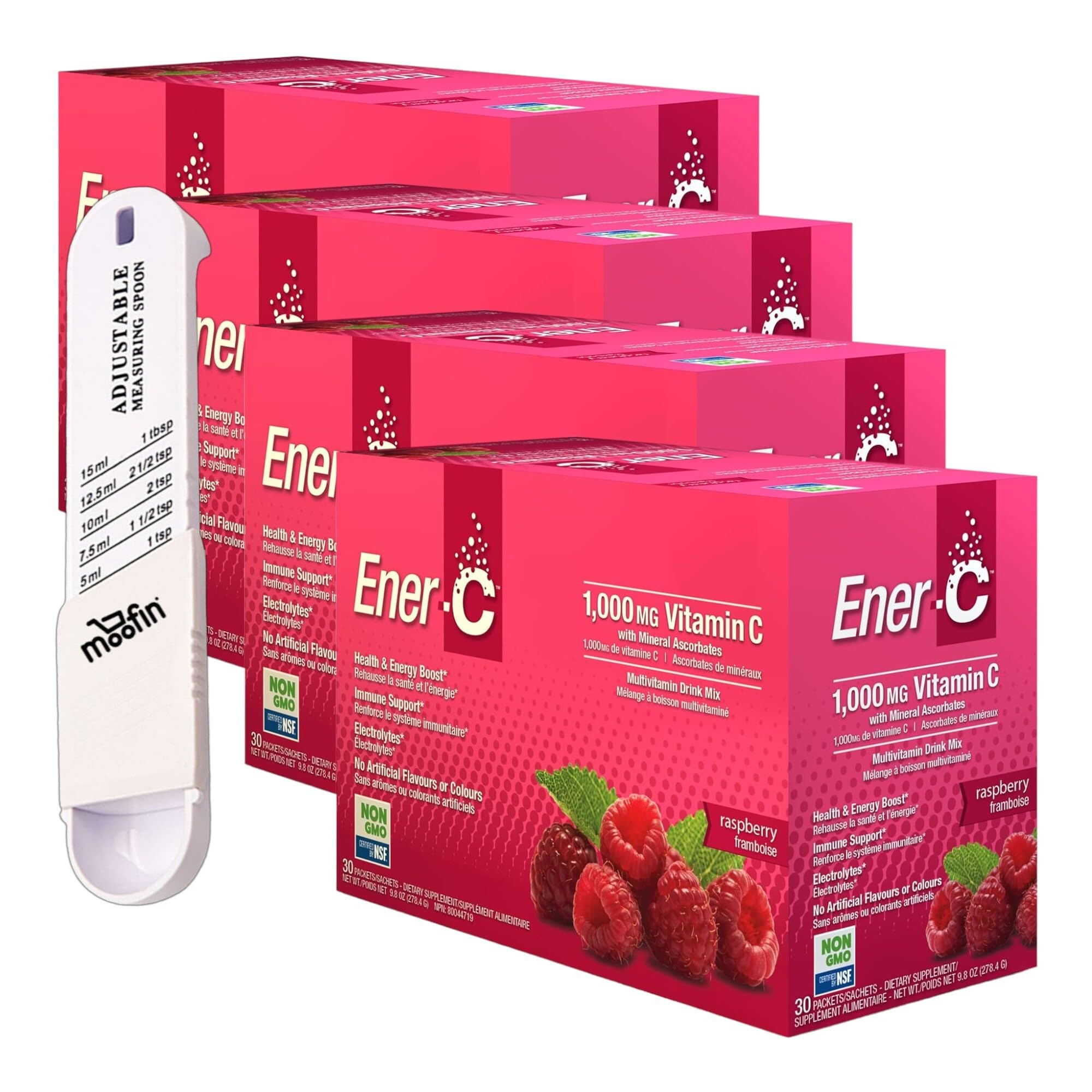 Raspberry Multivitamin Drink Mix Powder Vitamin C 1000mg Measuring Spoon, Essential Electrolytes, Non-GMO, Vegan, 30% Real Fruit Juice, Easy Dissolve Powder ~ [Pack of 4]